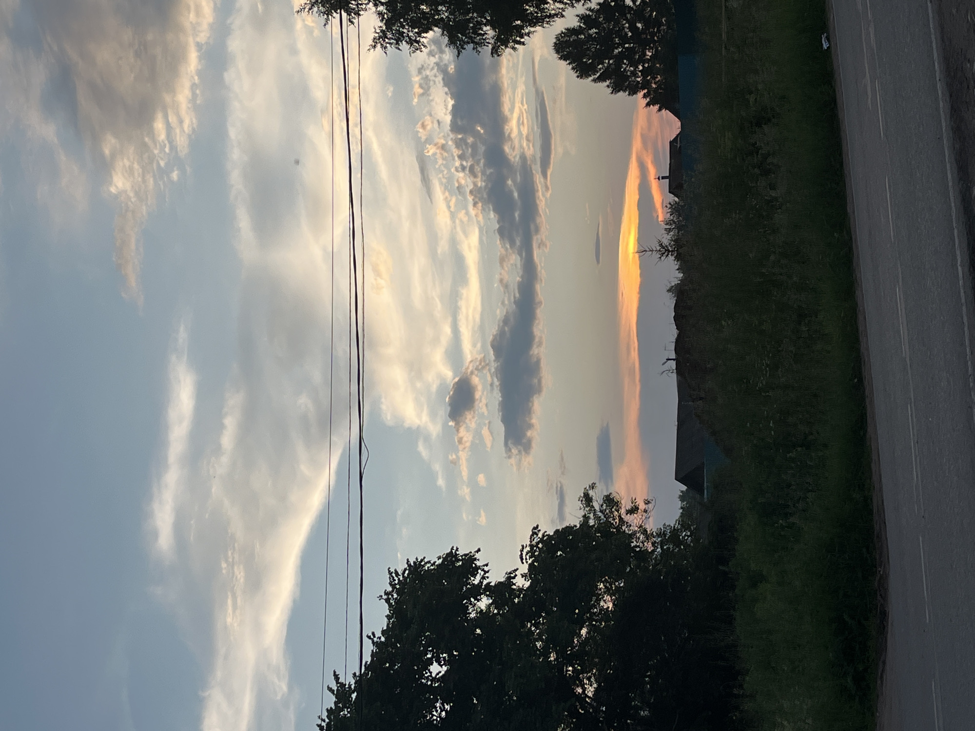 This image depicts a sunset scene in the village of Ludorvay, Russia. The sky is a canvas of soft blues, grays, and oranges, with clouds streaked across the horizon. The sun, a bright orange glow, is partially obscured by a thin band of clouds. Silhouetted against the sky are the dark forms of trees, one on the left and another on the right, with their leaves lush and full. Below the trees, a dense line of green vegetation and tall grass creates a natural barrier. In the background, the dark roofs of houses are visible, hinting at the residential nature of the area. A power line stretches horizontally across the upper portion of the frame, with two parallel wires. The foreground shows a grey asphalt road with white markings, suggesting it is a public thoroughfare. The overall atmosphere is one of peaceful twilight in a rural Russian setting.