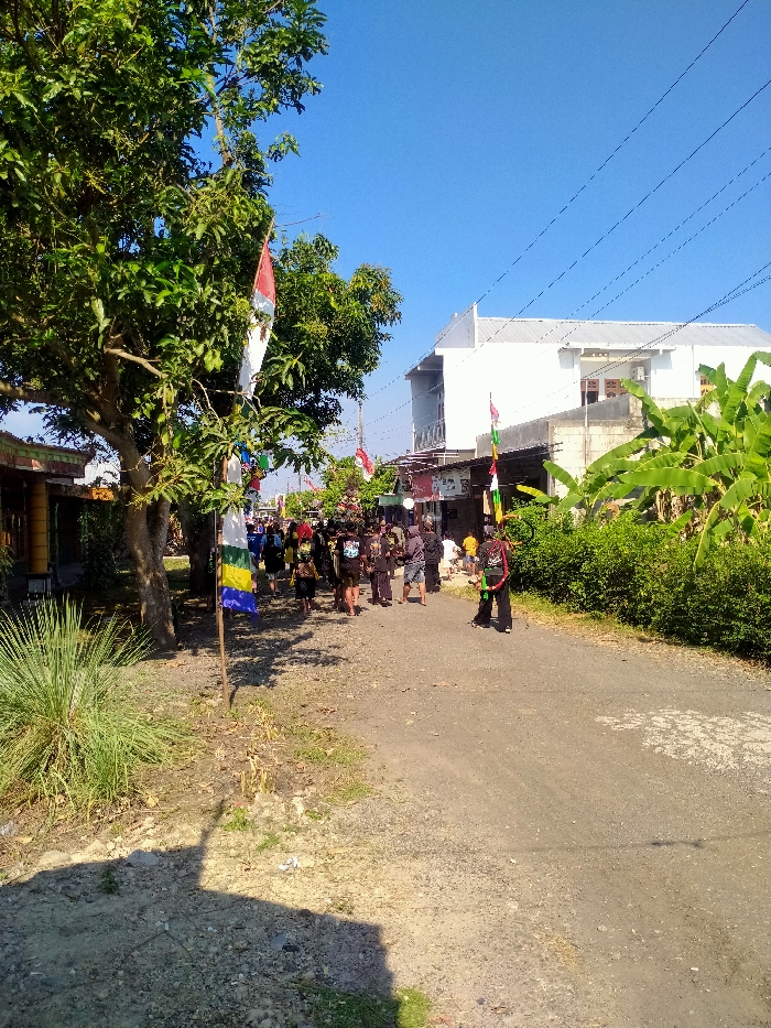 This image, captured in Tanon, Indonesia, depicts an outdoor scene with a procession moving along an unpaved road under a clear blue sky.

**Environment:** The road surface is composed of gravel and dirt. On the left, a large, mature tree with dense green foliage dominates the foreground and mid-ground. Beneath the tree, patches of tall green grass and exposed soil are visible, with shadows cast by the tree. On the right side of the road, a line of green bushes and large-leafed plants, consistent with banana trees, borders the path. In the background, a white, two-story building with a grey pitched roof is prominent on the right, with smaller structures visible on both sides of the road. Utility poles and power lines traverse the upper portion of the frame against the bright blue sky.

**Objects:** Multiple decorative flags are affixed to poles along the roadside. These include red and white Indonesian national flags and other multi-colored banners featuring red, white, yellow, green, and blue segments.

**People:** A group of approximately fifteen to twenty individuals, predominantly adults, are visible walking along the road in a loose procession. They are generally moving away from the camera's perspective. Most individuals are dressed in dark clothing, with some wearing black shirts that appear to have designs or logos. One individual in the right foreground wears a black outfit, a red backpack, and holds a long, green, unidentified object.

**Lighting:** The scene is brightly illuminated by direct sunlight, indicating a clear day, with distinct shadows visible on the ground.