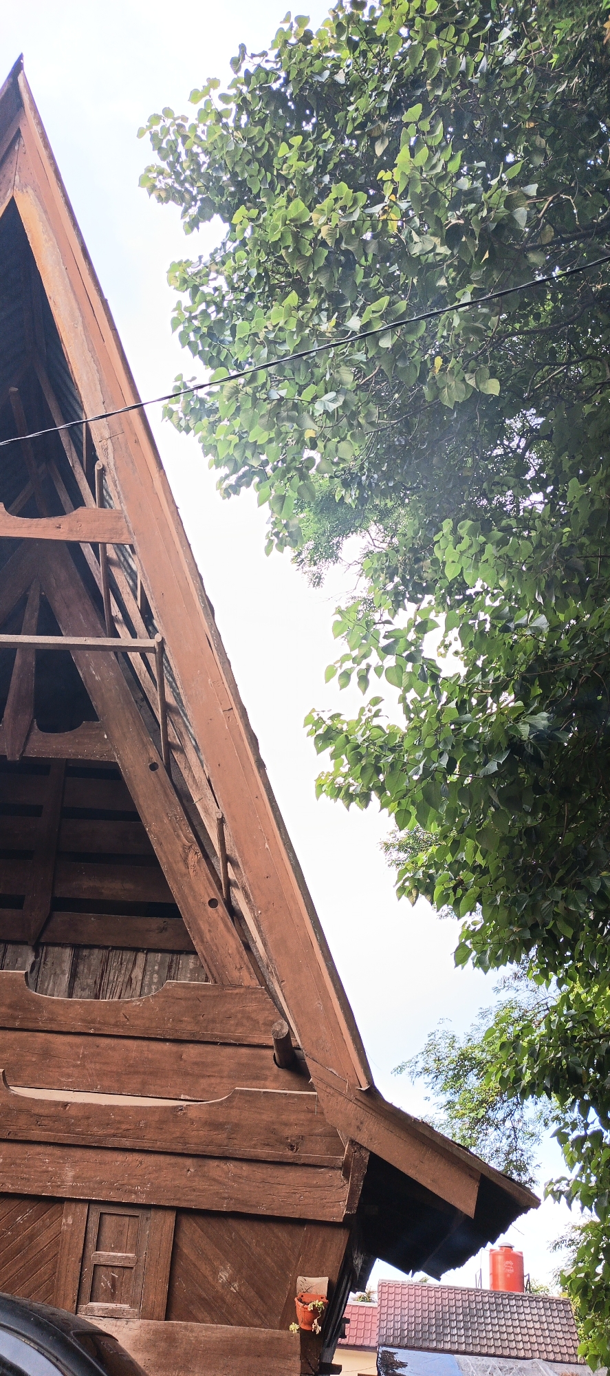 The image shows a close-up of the exterior of a wooden building, possibly a traditional house, against a bright sky. The building's roofline is prominent, constructed from dark brown wooden planks and beams. The angle of the roof is steep, with visible wooden supports and joinery. The wood appears weathered. To the right of the building, a large tree with lush green leaves occupies a significant portion of the frame, with its branches extending towards the sky and partially obscuring the view. Power lines are visible in the upper right portion of the image, stretching across the scene. In the lower portion of the image, parts of the building's wall are visible, featuring a small, square window with a wooden frame. A small, orange pot with a plant is attached to the wall near the window. Further in the background, hints of other structures with tiled roofs can be seen, along with a bright orange water tank. The scene appears to be set in a residential area, likely during daylight hours. The specific location mentioned is Cinta Dame, Indonesia, suggesting a tropical or sub-tropical environment given the foliage. There are no people or animals visible in the frame.