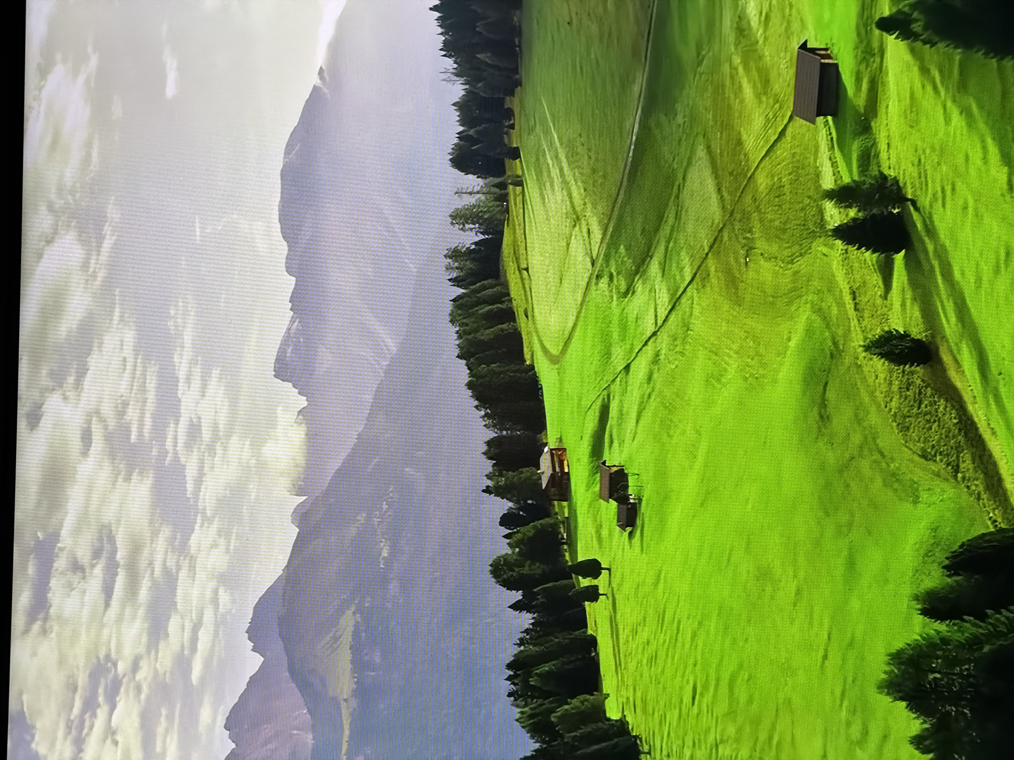 The image depicts a vibrant green, rolling landscape with scattered evergreen trees and small wooden structures. In the foreground, several dark green trees cast long shadows across the bright green fields. Two small, dark wooden structures with peaked roofs are situated on a slight rise. Further into the scene, a larger, more prominent wooden structure with a single window and a dark roof stands on a gentle slope, surrounded by more trees. The middle ground is dominated by a vast expanse of lush green grass, with winding paths or trails subtly visible. A dense line of evergreen trees forms a dark border along the edge of the fields. In the background, layered mountain ranges fade into a hazy, muted blue and grey, with a bright, possibly overcast sky above. The overall impression is one of a serene, natural environment. The location in Chirchik, Uzbekistan is not indicated in the image.