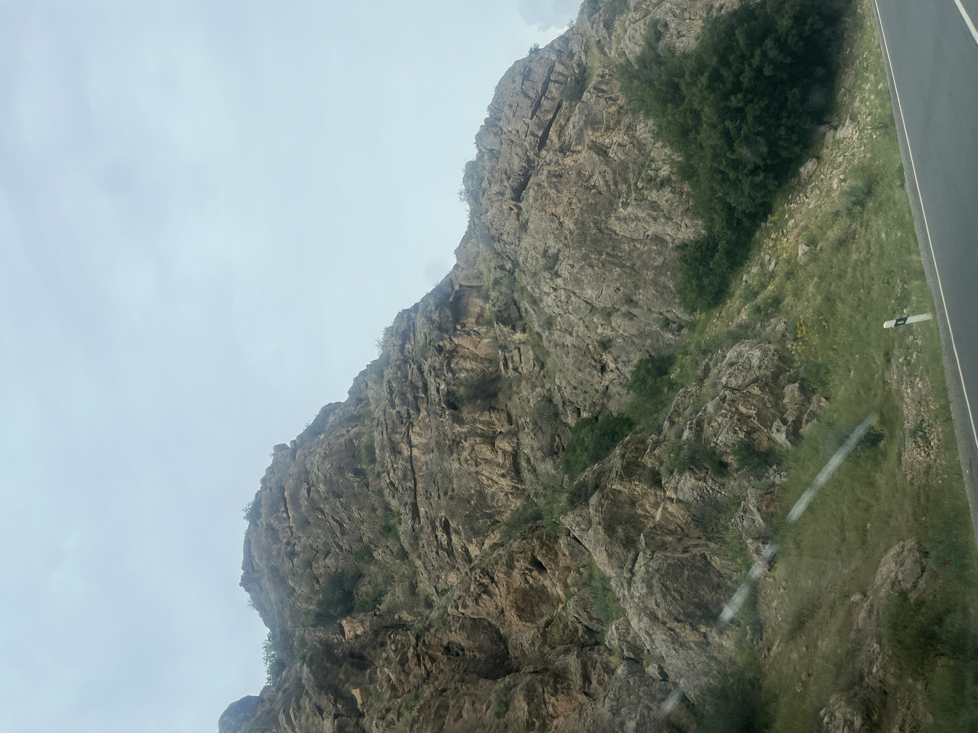 The original image is rotated 90 degrees counter-clockwise. When viewed upright, it depicts a rugged mountainous landscape in Chiva, Armenia, under an overcast sky.
The prominent feature is a steep, rocky mountain face that occupies the left and central portions of the frame. This rock face is textured with varying shades of grey and brown, showing layers and fissures. Patches of green vegetation, including grass, shrubs, and small trees, cling to the rock, particularly in crevices and on more gradual slopes.
In the lower right part of the image, a paved asphalt road runs alongside the base of the mountain. The road features a solid white line on its outer edge and a dashed white line, suggesting lanes. A small, rectangular white marker post with the black number "14" is visible on the grassy shoulder next to the road. The area between the road and the mountain is covered in green grass and scattered rocks.
The sky, visible in the upper left, is light grey and appears cloudy or overcast, indicating a daytime scene without direct sunlight. A diagonal streak of light or glare, possibly a reflection from a vehicle's window, is present across the lower right section of the image. No people or animals are visible, suggesting a natural, unpopulated roadside environment.