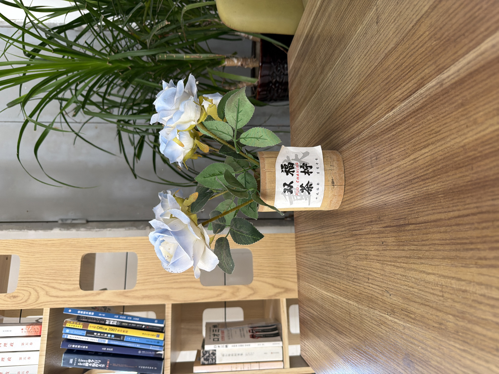 The image depicts an indoor scene, likely a room with a bookshelf and a wooden table. On the table, there is a small vase with artificial blue and white roses. The vase is made of bamboo and has a label with Chinese characters. In the background, a tall green plant is visible, and a portion of a yellow chair can be seen to the right. The bookshelf to the left is filled with books. The overall impression is of a calm and decorative setting. The image does not provide any specific information or visual cues that would indicate the location is in Jiangjin, China.