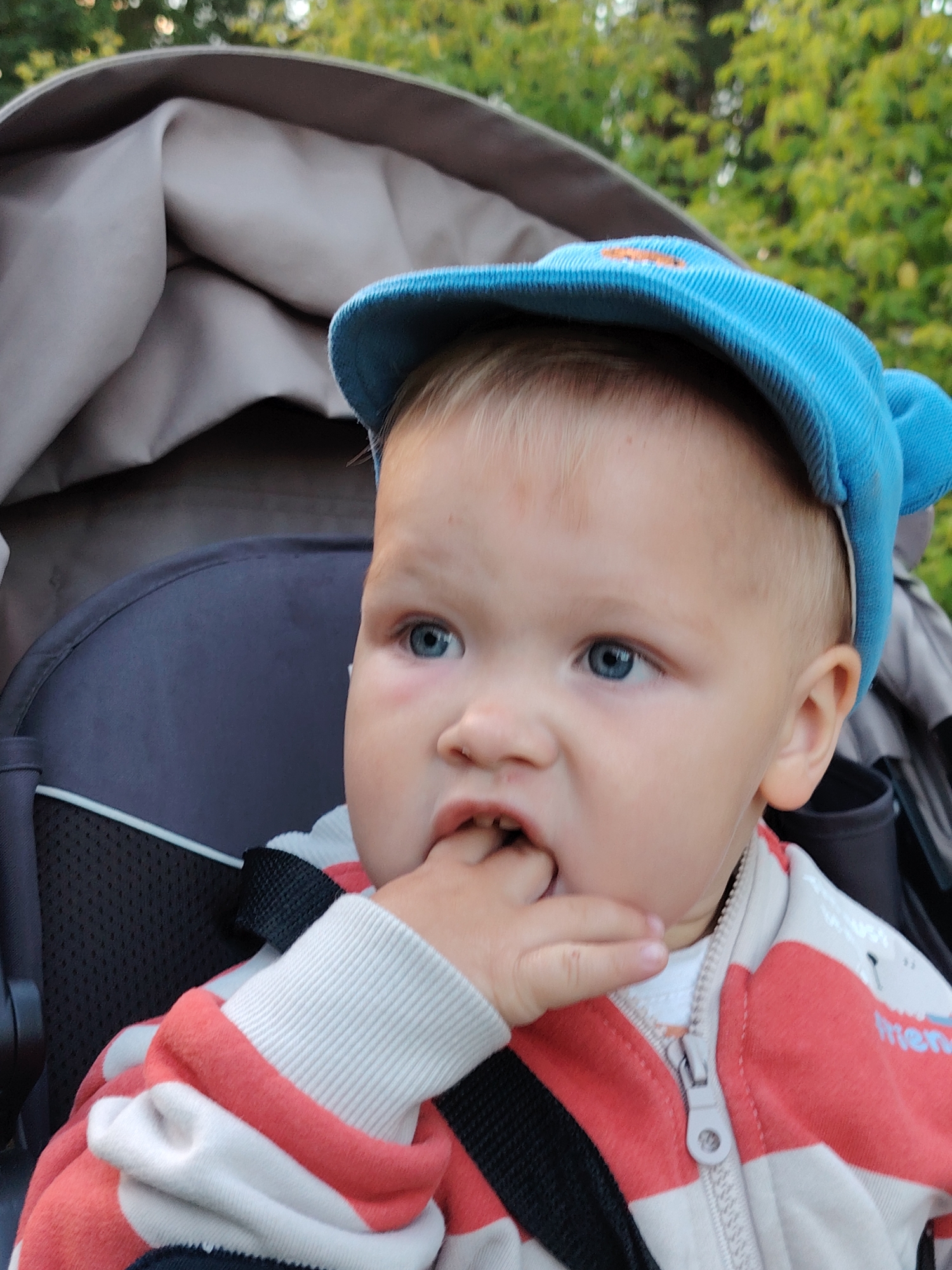 The media file shows a close-up of a baby sitting in a stroller. The baby is wearing a blue cap and a striped jacket in red and white. One of the baby's hands is in its mouth. The background is out of focus, showing green foliage, suggesting an outdoor setting. The lighting indicates it is daytime. The baby's expression is somewhat pensive. Some text is visible on the baby's jacket, but it is partially obscured and unreadable. The scene is likely in Chaikovsky, Russia.
