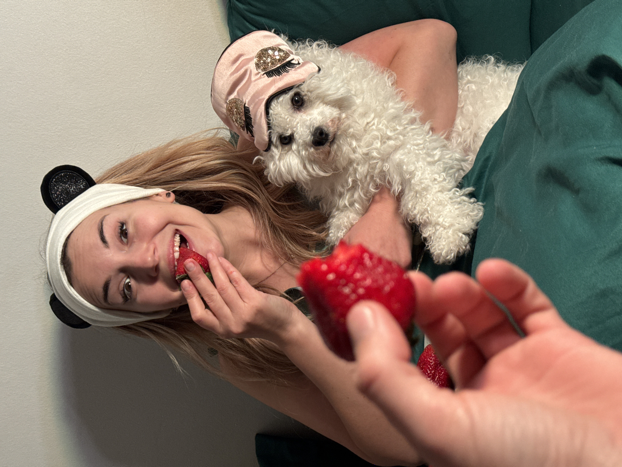 This intimate, slightly tilted eye-level photograph captures a playful indoor moment featuring a young woman, her small white dog, and a hand offering strawberries. The woman, with long blonde hair, smiles broadly at the camera, holding a red strawberry near her mouth as if about to take a bite or having just done so. She wears a white headband adorned with black panda ears, adding to the cheerful atmosphere.
Cradled in her arm, partially resting on dark green fabric (likely a couch or bedding), is a fluffy white dog. The dog sports a whimsical pink sleep mask with golden sequined eyelashes perched on its head, looking directly at the viewer with bright, dark eyes. Its curly white fur contrasts with the smooth pink mask.
In the foreground, a hand extends into the frame, holding another large, red strawberry, seemingly offered to the woman or camera. More strawberries are visible elsewhere in the frame. The background consists of a plain white wall, keeping the focus on the subjects. The scene conveys warmth and amusement, with the woman's wide smile and the dog's unique accessory highlighting a lighthearted interaction. The setting suggests a relaxed evening or night at home in Budva, Montenegro. No visible text is present.