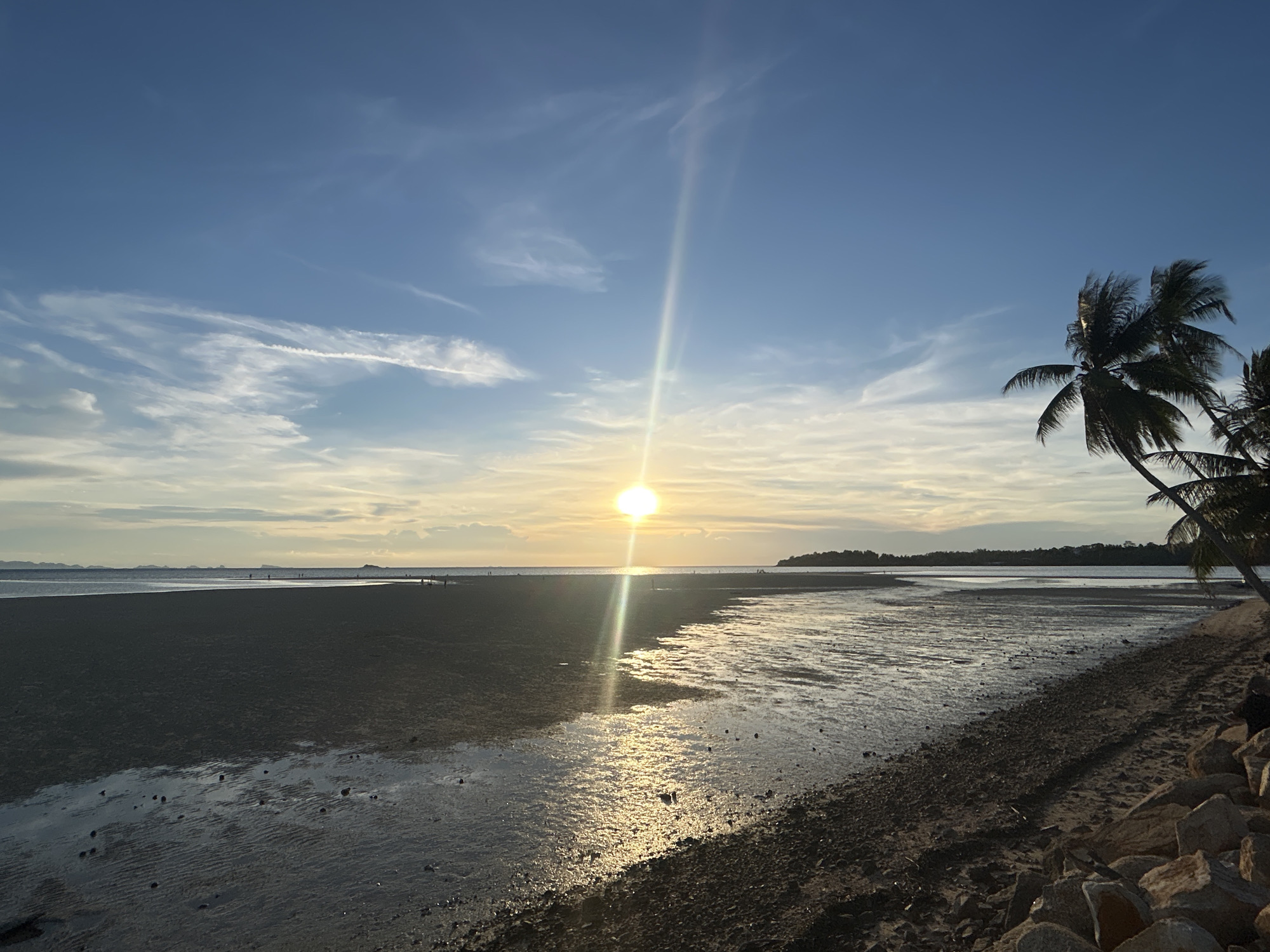 The image shows a coastal scene in ตำบลเกาะพะงัน, Thailand at sunset. The sky is light blue with wispy white clouds. The sun is positioned near the horizon, emitting a bright glare and a vertical light ray. The foreground is dominated by a sandy beach, partially covered with shallow water reflecting the sunlight. The shoreline transitions into a darker, stony area. To the right, there are several palm trees with their fronds swaying. In the background, there is a landmass or island visible on the horizon.