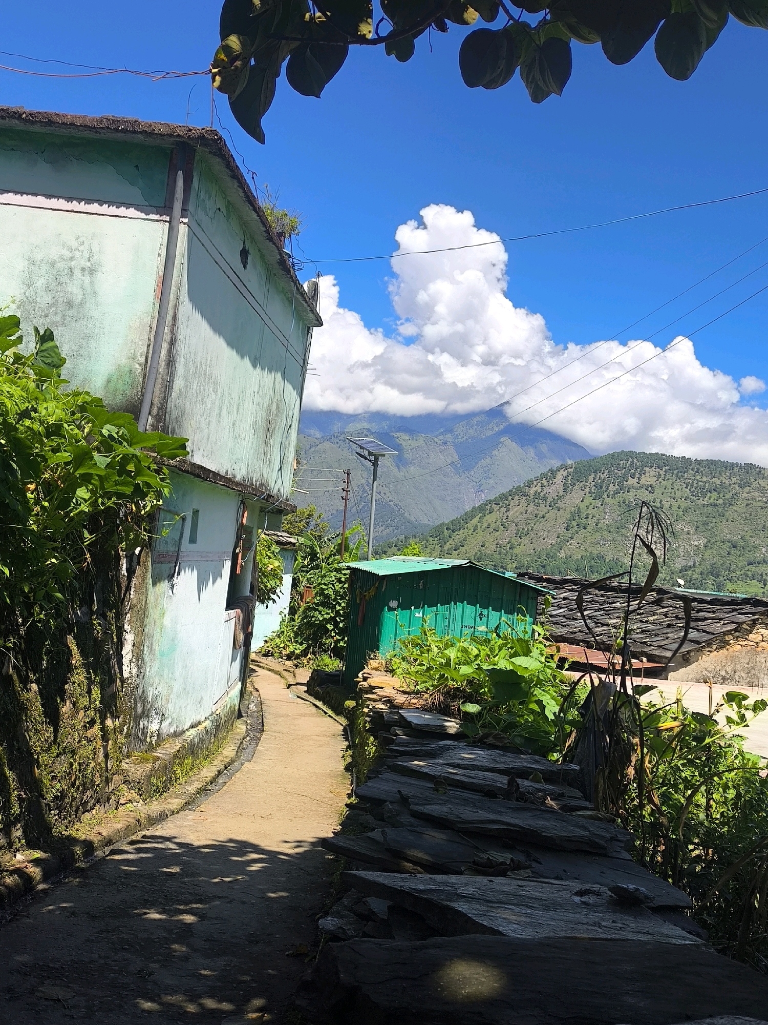 This is a vertical, eye-level, outdoor shot of a pathway in Majathi, India. The pathway is paved with concrete and curves to the right, flanked by a moss-covered, light blue building on the left and a stone wall on the right. Lush green foliage grows on top of the wall and obscures part of the building. In the background, a narrow, green metal shed is visible, surrounded by more vegetation. Beyond the shed, a layered landscape of green, tree-covered mountains rises against a bright blue sky dotted with white clouds. A solar panel is mounted on a pole on one of the mountain slopes. Power lines crisscross the sky. The scene is characterized by a rustic, mountainous village setting under a sunny sky.
