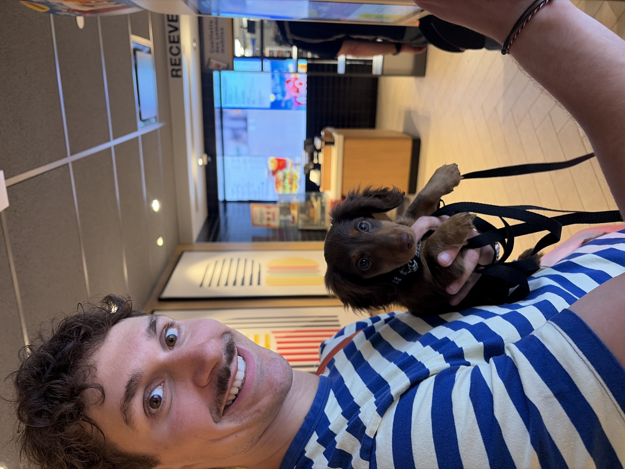 A man wearing a striped blue and white shirt holds a small brown dachshund puppy in his arms, appearing to take a selfie in a McDonald's restaurant. The restaurant menu boards are visible in the background, and the interior design suggests a modern McDonald's location. The man has curly dark hair and a mustache, and is smiling. The puppy is wearing a black collar and leash, and looks toward the camera. The "RECEIVE" signage on the side is also visible. The location is likely in Montreal, Canada, based on the content of the background display.