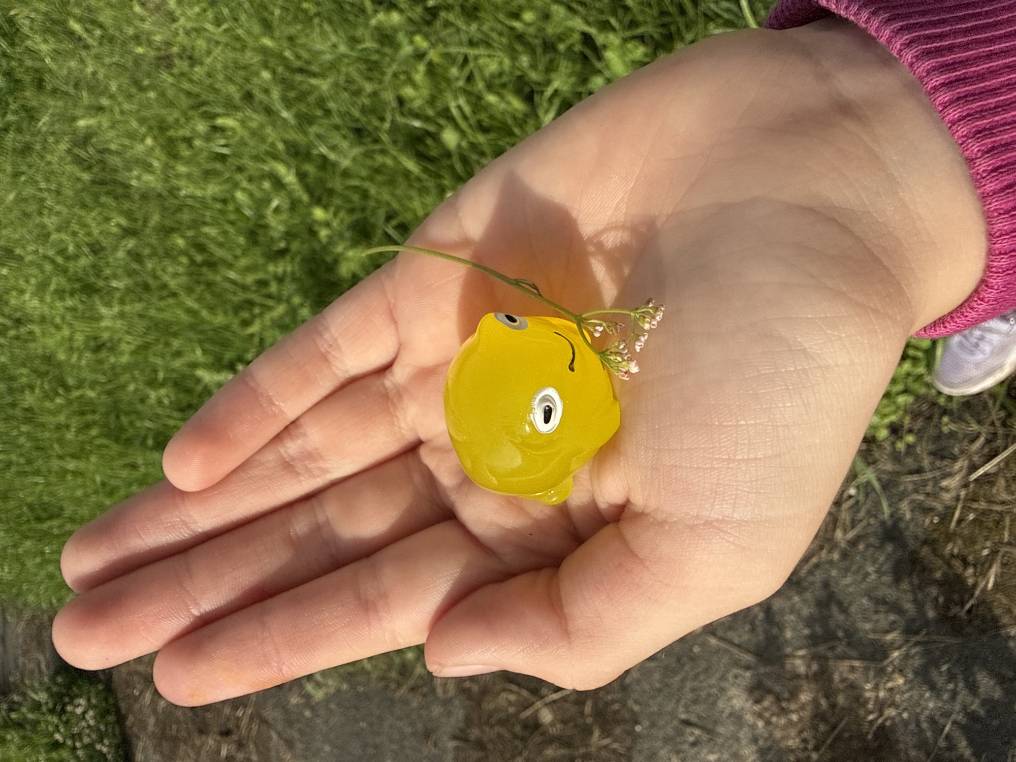 A close-up shot shows a child's open palm holding a small, yellow, toy lemon with a cartoon face. The toy lemon has a white eye with a black pupil and a smiling mouth. A delicate green stem with tiny pink flowers is attached to the toy, arching over the lemon's face. The child's hand is pale and appears to be resting on a surface of green grass. The background is slightly blurred, but the texture of the grass and hints of dark soil are visible. The child is wearing a bright pink, ribbed long-sleeved shirt, and a small portion of a white sneaker with grey accents can be seen near the edge of the frame, suggesting the child is outdoors. The lighting indicates it is daytime, likely sunny, with distinct shadows cast on the hand. The overall scene evokes a sense of simple joy and discovery, possibly from a park or a backyard in Большой Турыш, Russia.