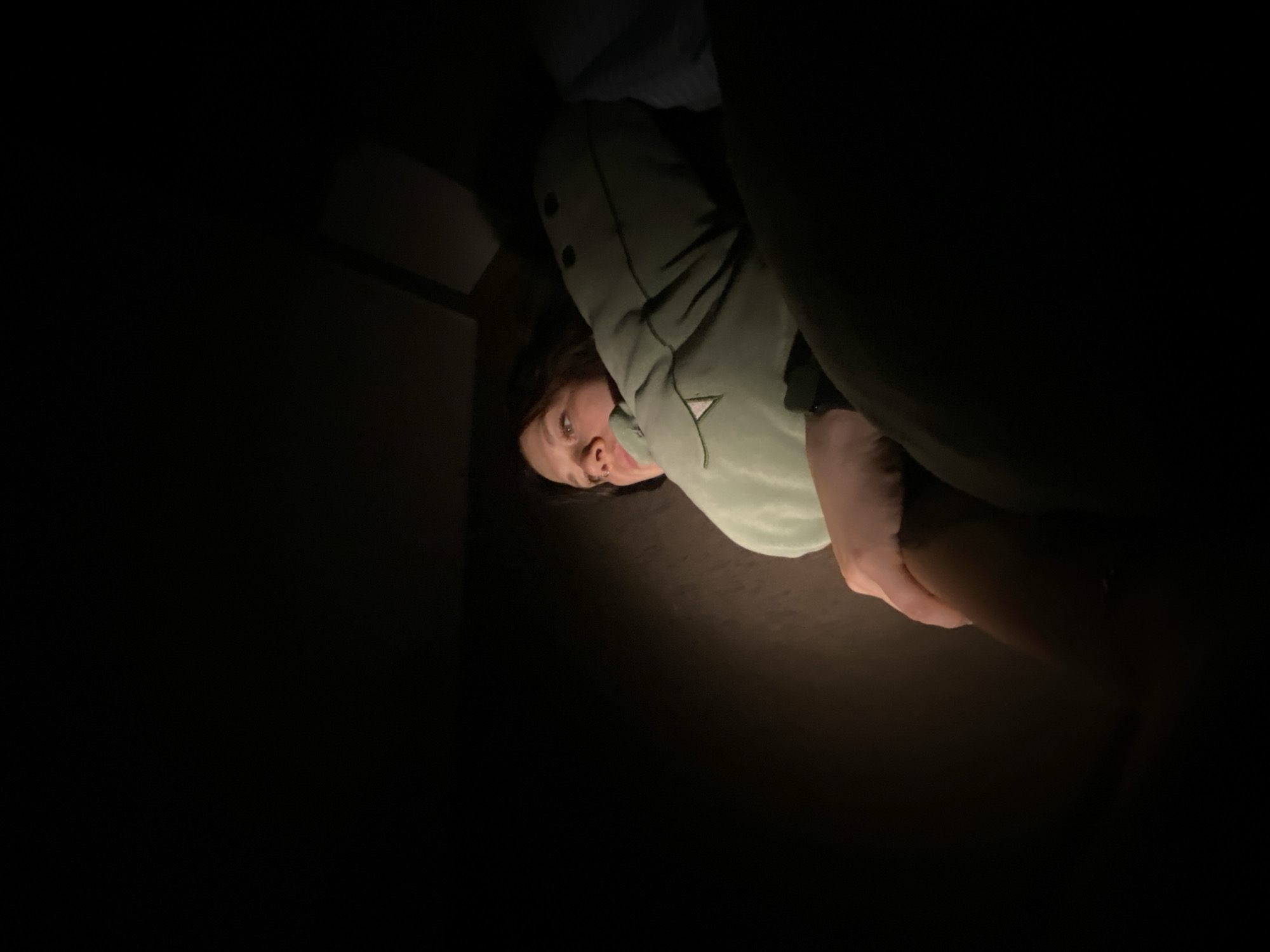 A woman is lying in bed in a dimly lit room. She is wearing a light green sweatshirt with a triangle logo on the chest. She is looking at a phone or other light source. The room is dark, and the only other visible object is a shelf. The location is Chaikovsky, Russia.