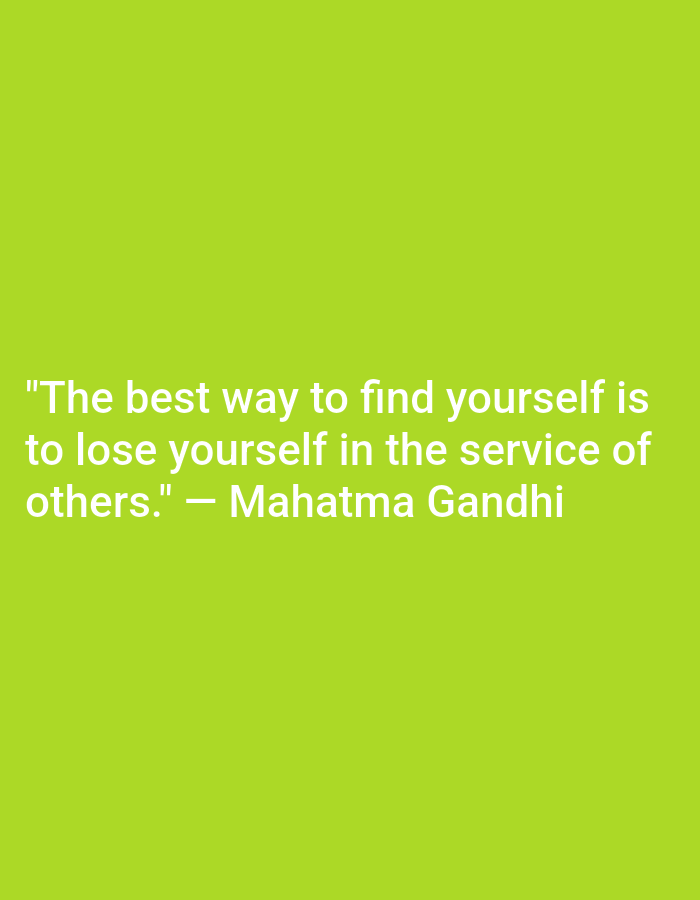 A light green background fills the image, with white text centered on it. The text reads, "The best way to find yourself is to lose yourself in the service of others." — Mahatma Gandhi. There are no discernible elements related to Babakan Madang, Indonesia, people, subjects, objects, or actions within the image.