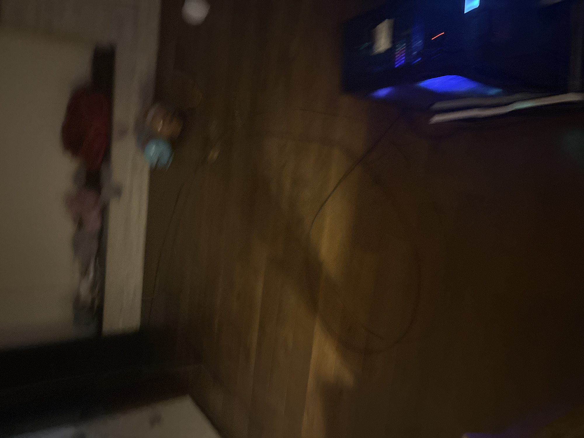 The image shows a dimly lit room with wooden flooring. In the background, a shelf holds several items, including what appears to be a red bag and some other indistinct objects. On the floor, there are a few small, colorful objects, possibly toys. A black computer tower with blue and purple LED lighting is visible in the lower right portion of the image. The scene suggests a casual, lived-in environment. The location is Orefovka, Russia.
