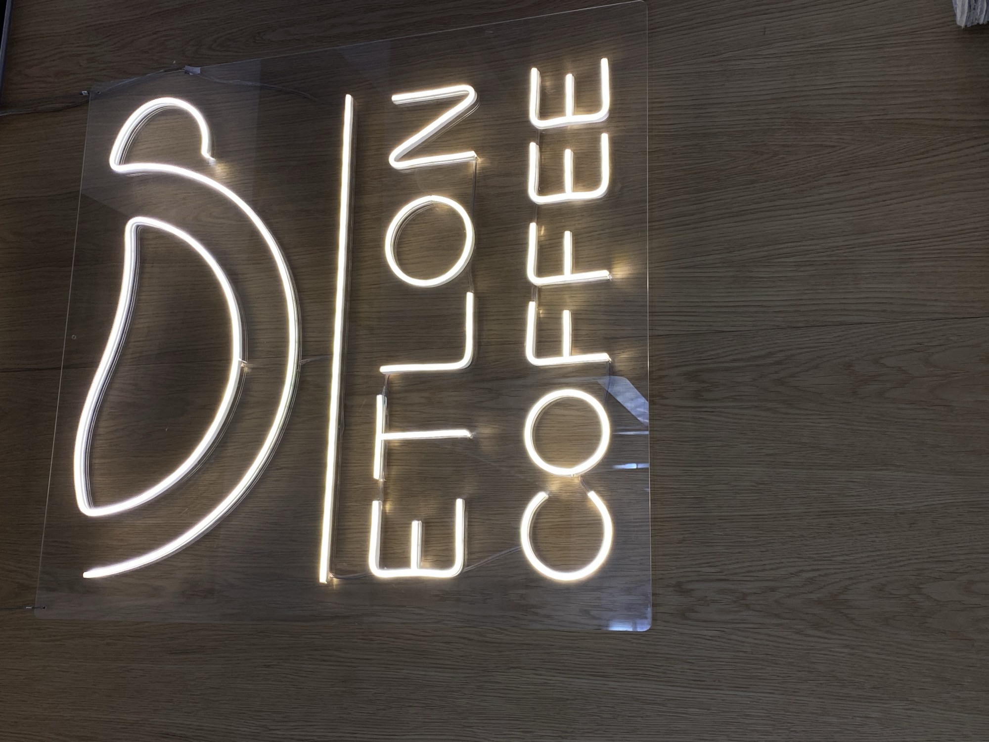A neon sign that reads "ELON COFFEE" hangs on a wall. The sign consists of a stylized drawing, possibly a banana, and the text. The sign is illuminated with a warm, white light. The wall behind the sign appears to be made of wooden planks. The location in Saint Petersburg, Russia, cannot be determined from the image.