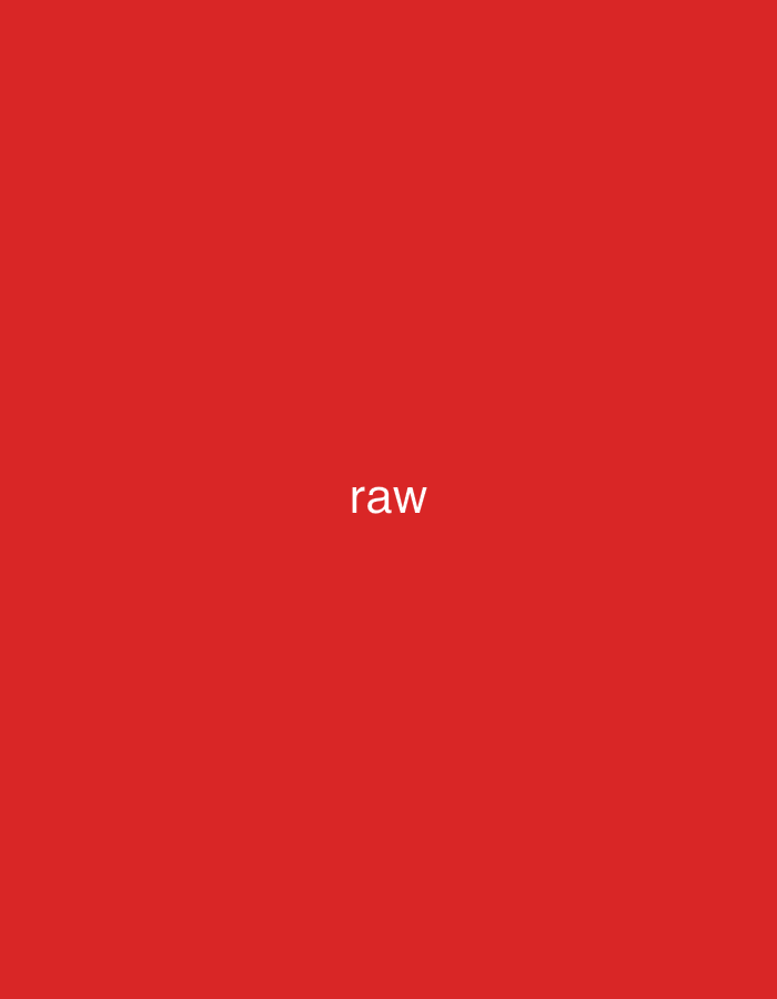 The image displays a solid, uniform red background. Centered horizontally in the lower mid-section, the word "raw" is rendered in white, lowercase sans-serif typography. No other objects, subjects, or environmental details are discernible within the visual frame. The described location is Casablanca, Morocco.