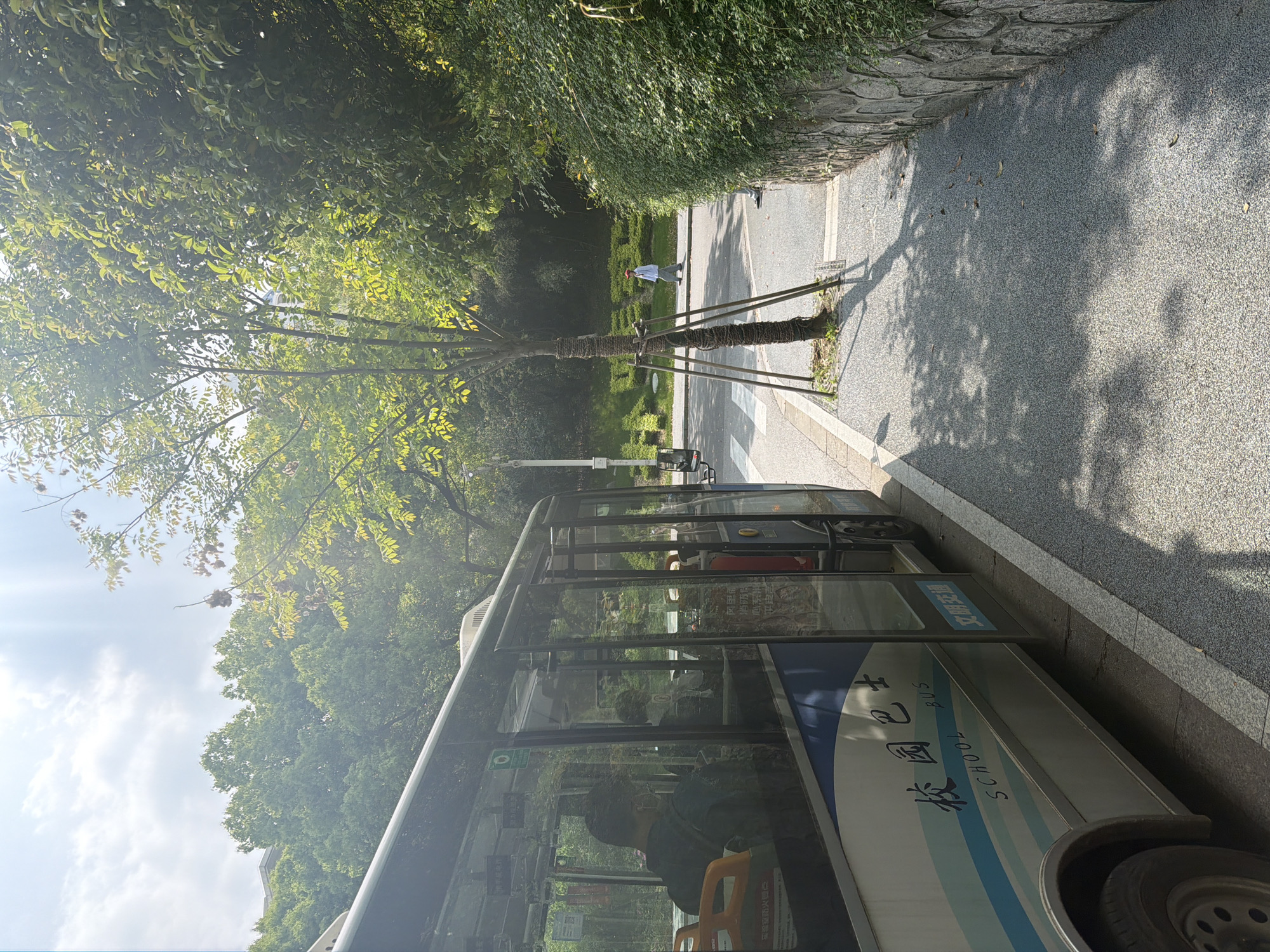 The image depicts a roadside scene in Jiangning District, China. A white and blue "School Bus" is parked on the right side of the street. Sunlight filters through the trees, casting shadows on the asphalt road. Across the street, a tree is supported by metal frames. A person in light-colored clothing is walking on the sidewalk in the distance. The environment includes trees, bushes, and a stone wall.