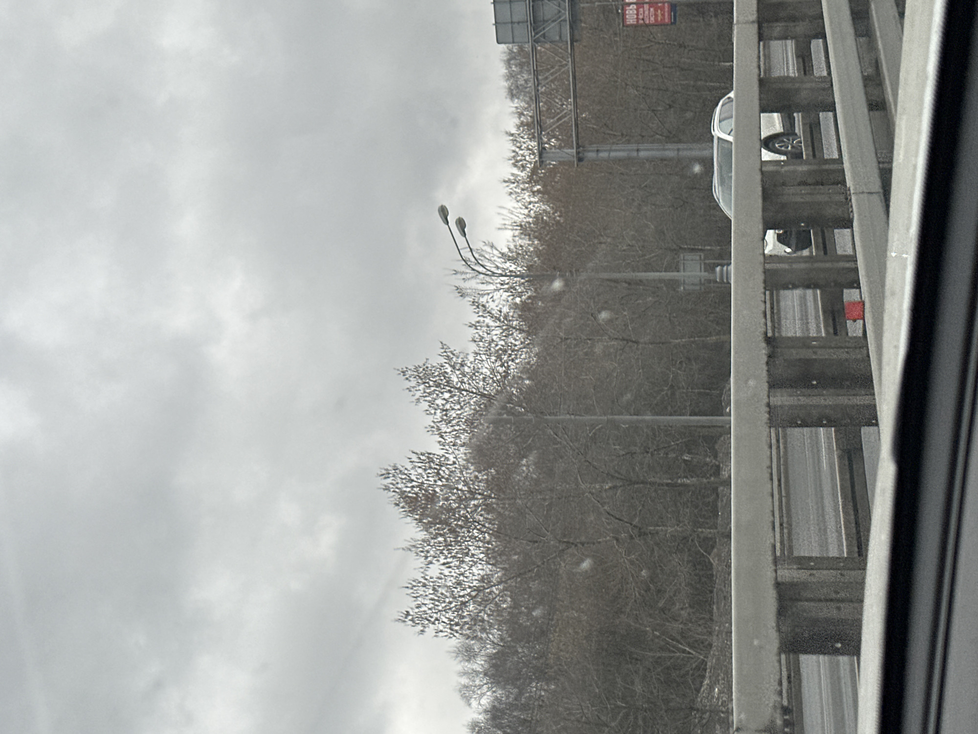 The image shows an overcast day with bare trees and a view of a highway. A silver car is visible on the highway. There is a concrete barrier separating the roadways. There are light poles along the highway. The presence of a highway sign possibly suggests the location is in Moscow, Russia.