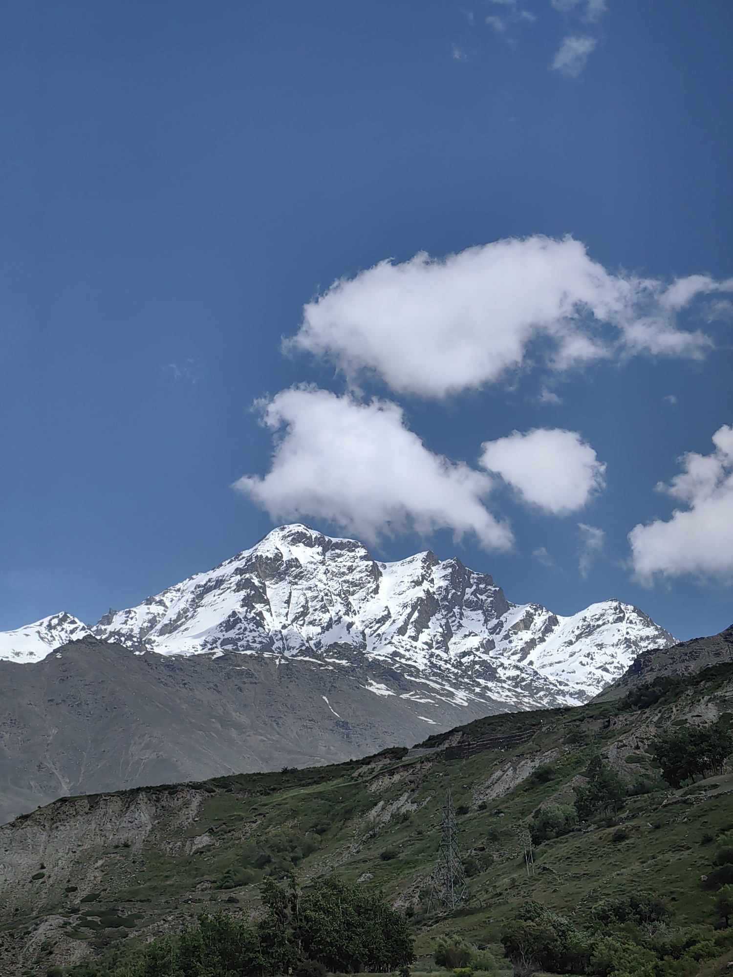 The image shows a majestic snow-capped mountain range under a bright blue sky dotted with white, fluffy clouds. The lower slopes of the mountains are covered in green vegetation, with some rocky outcrops visible. In the foreground, there are more trees and shrubs, and a tall, grey metal electricity pylon stands on the grassy hillside. The scene depicts a natural landscape, likely in a mountainous region. The provided crop hints do not offer further context or details about the specific location within Sissu, India.