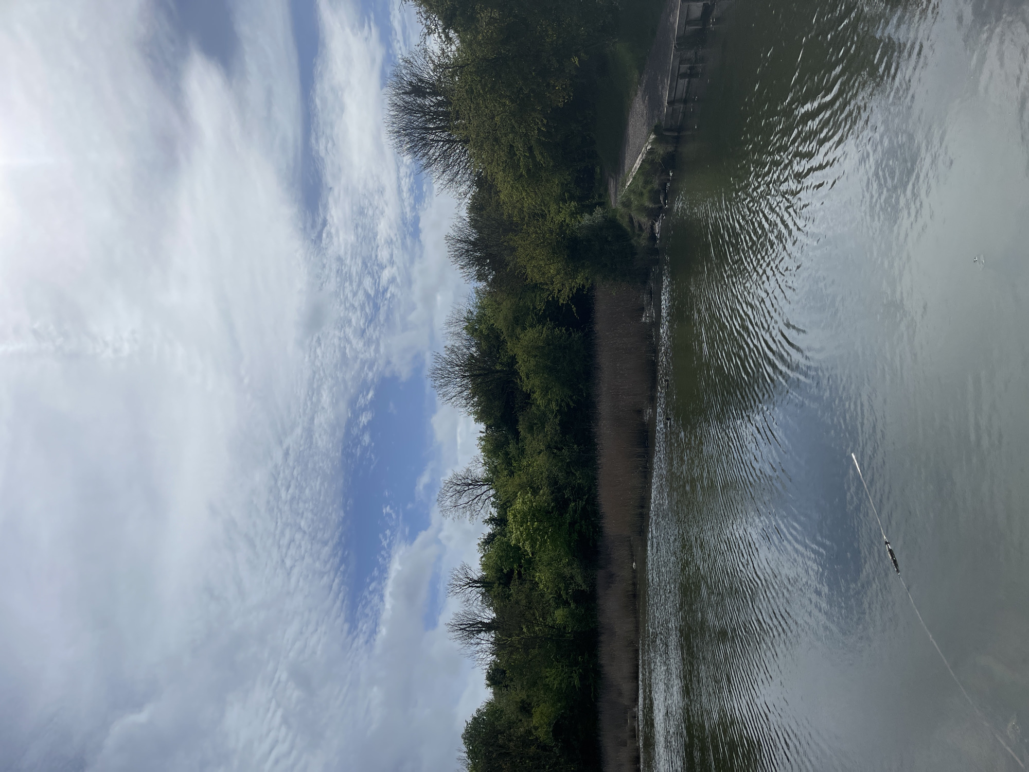 This image captures a tranquil outdoor scene along a body of water, likely a canal or river, under a bright, partly cloudy sky. The scene is oriented with the sky at the top, the water on the right and bottom, and a landmass with trees on the left.
The water, which dominates the lower right portion of the frame, is covered with gentle ripples, reflecting the sky above. A white fishing line, with a float, extends from the bottom right corner towards the center of the water, suggesting recent or ongoing fishing activity, though no individuals are visible. Further into the water, a small, white, indistinct object, possibly another float or debris, is present.
The left side of the image is characterized by a verdant, tree-lined bank or shore. The trees exhibit a mix of full green foliage and some bare, deciduous branches, indicating either early spring or a diverse selection of tree types. A narrow path or track is discernible along the bank, weaving through the vegetation. In the upper left background, a man-made structure, possibly a retaining wall or bridge abutment, can be seen on the far side of the water.
The sky, occupying the upper portion of the image, displays a varied cloudscape with patches of clear blue. Streaky, wispy clouds stretch across the sky, intermingling with more defined, broken cloud formations. A bright area in the top left corner suggests the sun's position, indicating it is daytime. The overall impression is one of peaceful natural beauty in the Portsmouth, United Kingdom area. No visible text is present in the image.