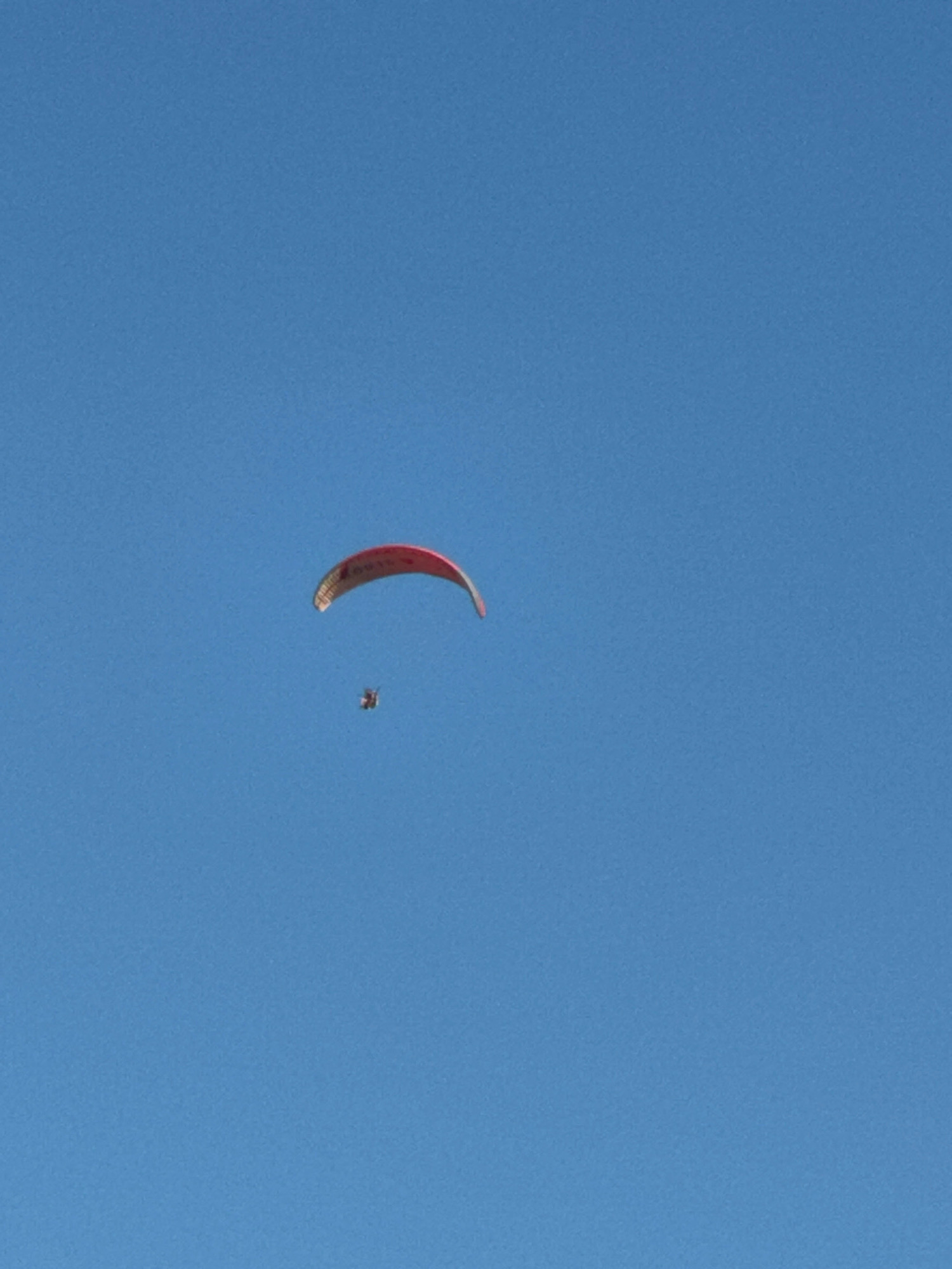 A paraglider is captured in mid-air against a clear blue sky. The paraglider, predominantly red with some yellow detailing, is arched and appears to be in motion. Beneath the paraglider, a person is suspended in a harness. The scene is devoid of any urban landscape or identifiable landmarks of Boreti, Montenegro; it is solely focused on the paraglider and the sky.