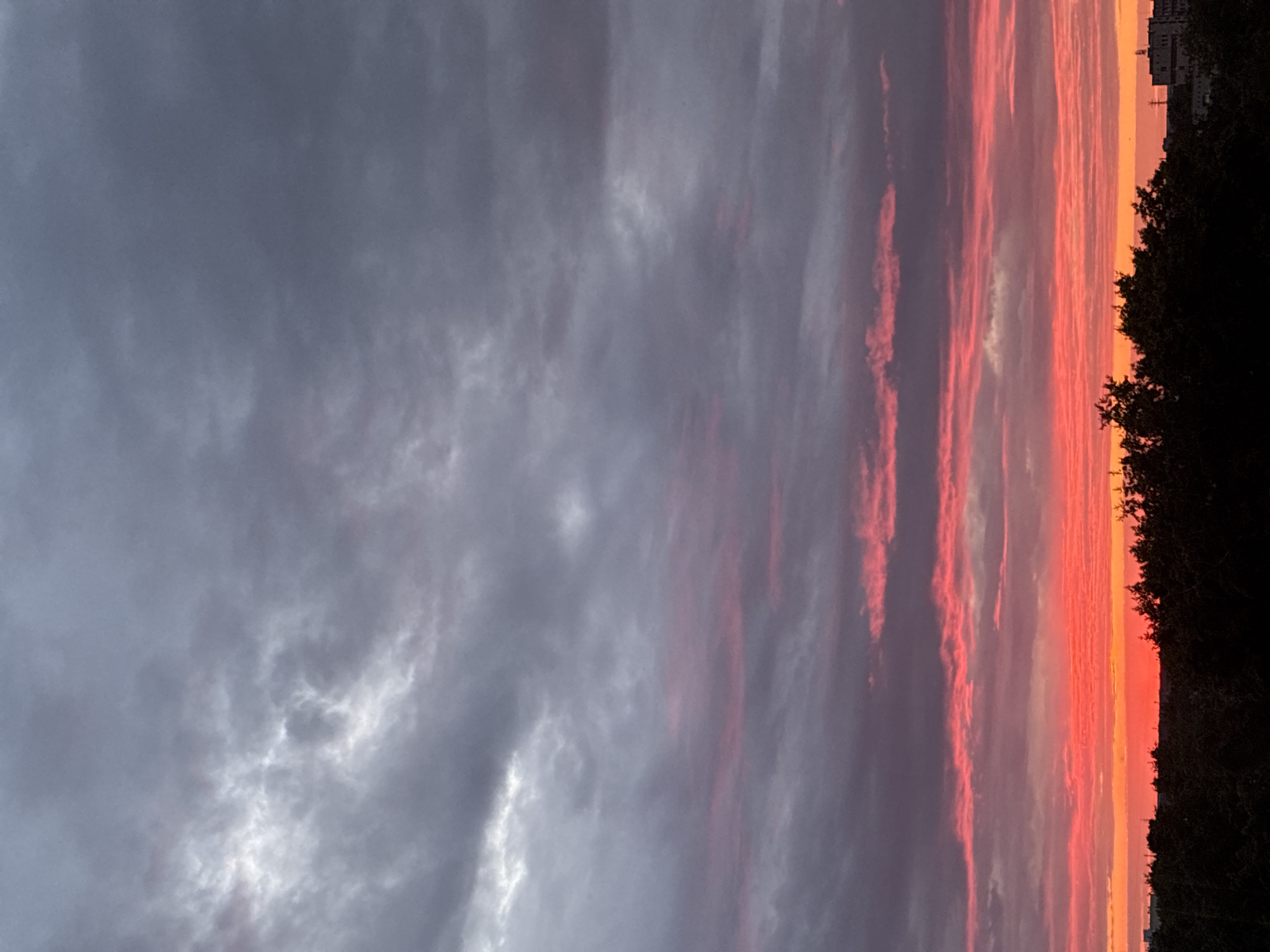 The image is a vertical, outdoor, low-angle shot of a sky with dramatic cloud formations during sunset. The sky is filled with layers of clouds. The upper portion of the sky is dominated by dark gray and white clouds with a textured, wispy appearance. Below these, there are distinct horizontal bands of clouds tinged with pink and purple. The lowest part of the sky, near the horizon, is a vibrant display of fiery red and orange, indicating the setting sun. Silhouetted against this colorful sky is a dark band of trees, forming the bottom edge of the image. On the far right, the silhouettes of a few buildings are visible amongst the trees. The scene depicts an atmospheric sunset over an urban or suburban landscape.