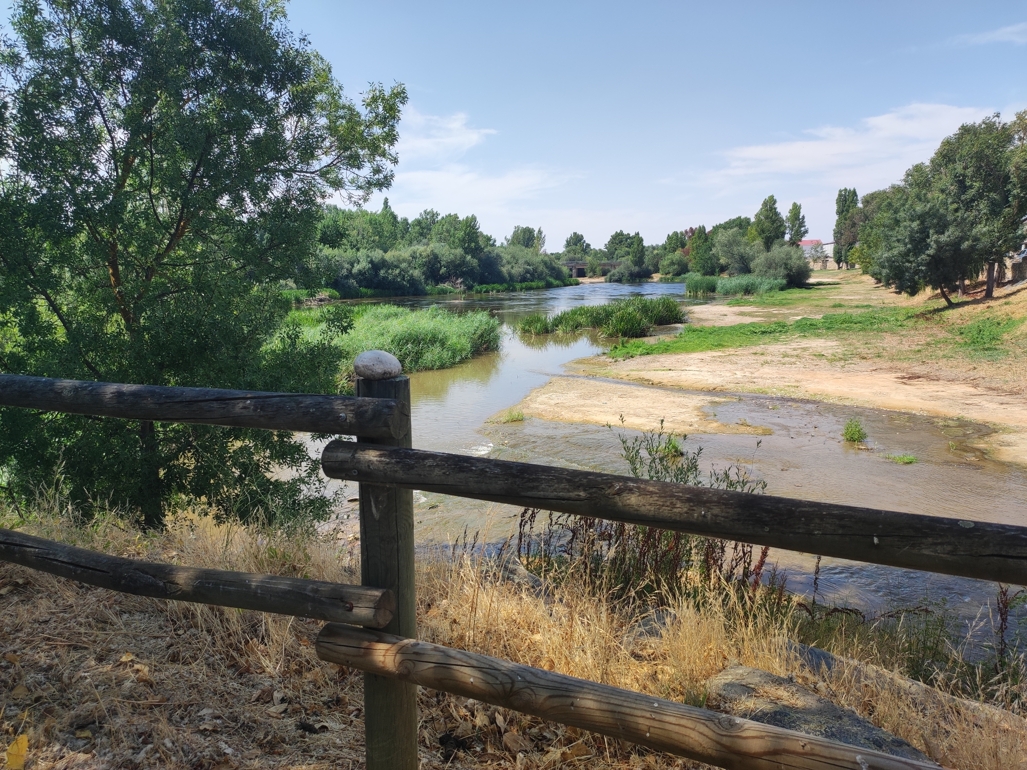 The image depicts a scenic view of the Huerva River in Huerta, Spain, on a clear, sunny day. In the foreground, a rustic wooden fence made of thick logs runs horizontally across the frame, with dry, yellowed grass and fallen leaves visible on the ground beneath it. A large, smooth, white stone rests atop one of the fence posts.
Beyond the fence, the Huerva River flows gently, its water a muddy brown color. The riverbanks are lined with lush green reeds and vegetation, interspersed with sandy areas. In the mid-ground, trees and shrubs densely populate both sides of the river, creating a verdant landscape. Across the river, a bridge is visible in the distance, suggesting the presence of a road or path. The sky above is a pale blue with scattered white clouds. The overall impression is one of a tranquil natural environment, likely a park or a riverside recreational area.