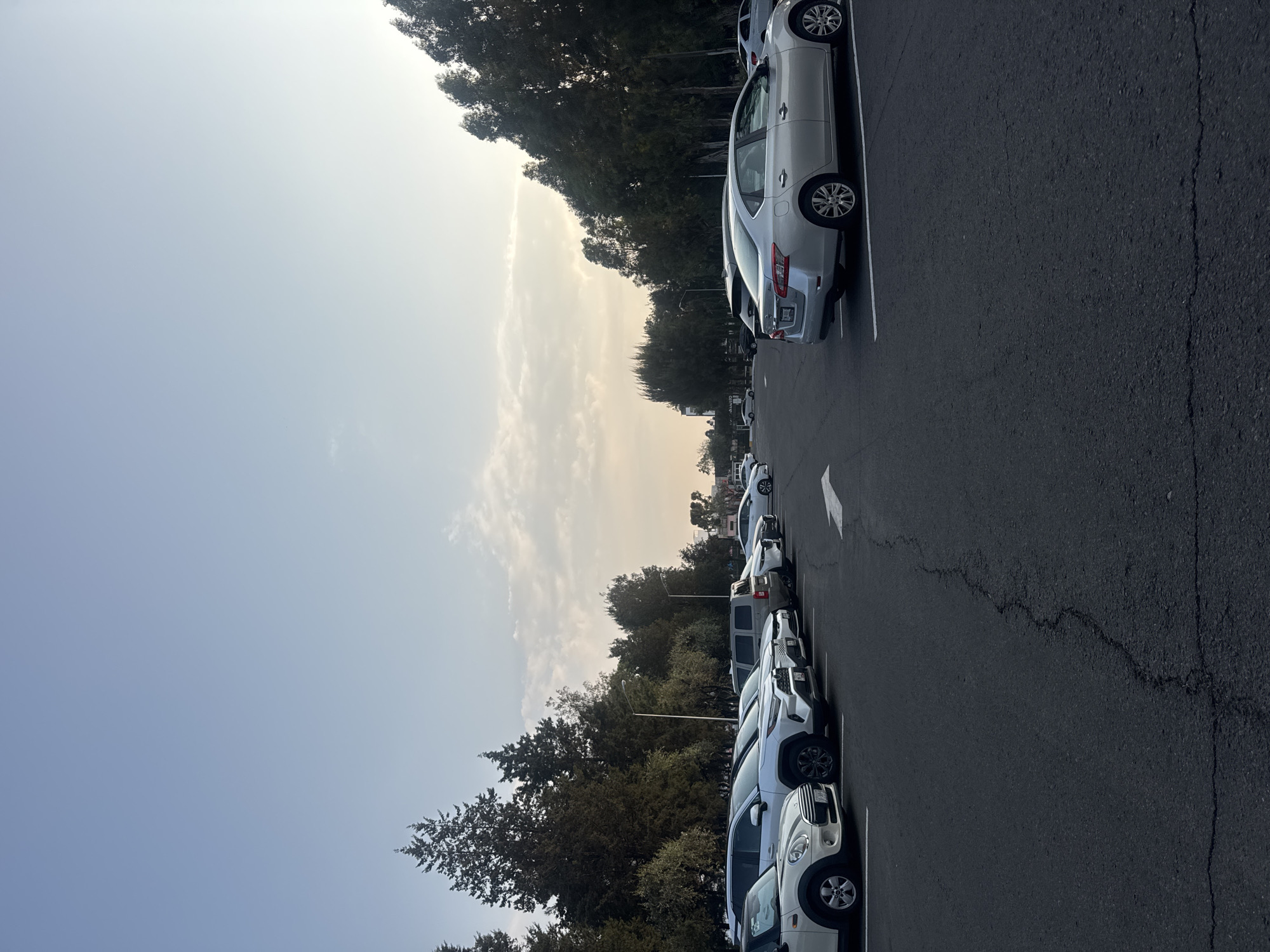 The image shows a parking lot in San Andrés Cholula, Mexico. The parking lot is filled with various cars parked in rows. Trees line the perimeter of the lot. The sky is visible above the trees, appearing hazy. The pavement of the parking lot is cracked. Arrows are painted on the ground to indicate the direction of traffic flow.
