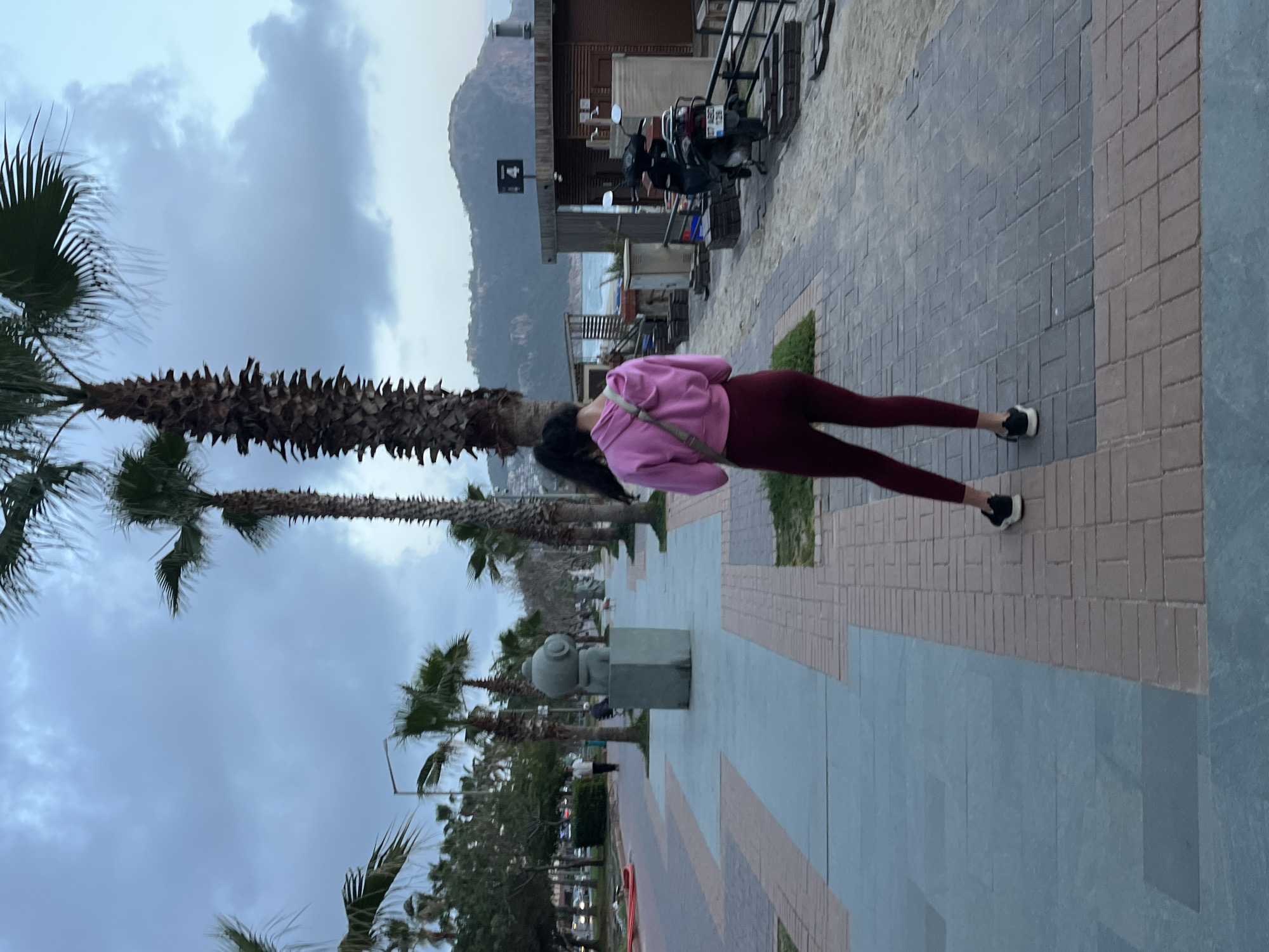 A young woman is walking on a pedestrian street in Alanya, Turkey. She is wearing a pink hoodie, maroon leggings, and black sneakers. She has dark hair that is past her shoulders. The pedestrian street is paved with grey and reddish-brown bricks. To the left of the street are palm trees. In the background, there is a mountain, buildings, and a cloudy sky. The photo appears to be taken at dusk or dawn. To the right of the pedestrian street is a building with a public restroom sign. A motorcycle is parked in front of the building. A statue is also visible near the woman.