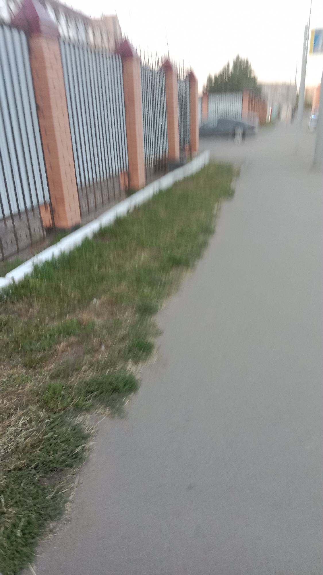 The image captures a blurred street scene in Petropavl, Kazakhstan, characterized by a tall, metal fence with brick pillars running along the left side of the frame. A narrow strip of grass borders the fence, separating it from a paved pathway or road on the right. The pathway extends into the distance, becoming increasingly out of focus. In the background, a dark-colored car is partially visible, parked or driving on the right side of the road, beyond the fence. The sky is overcast, suggesting it might be dawn or dusk. The overall impression is one of a typical urban environment, possibly a residential or commercial area, with a focus on the architectural elements of the fence and the infrastructure of the street.