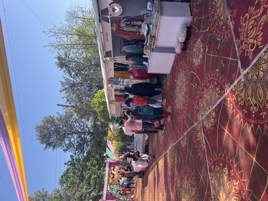 The scene takes place in a marketplace in Sector 17, Chandigarh, India, located at latitude: 30.764, longitude: 76.798. The image depicts a bustling marketplace with several stalls, each showcasing a variety of clothing items. There are numerous individuals, both men and women, browsing the displayed merchandise. Some are engaged in conversations, likely discussing the clothing or negotiating prices. The marketplace is adorned with colorful canopies, likely for shade and to enhance the overall aesthetic. The ground is covered with a red patterned carpet, adding to the vibrant ambiance. The vendors are dressed casually, reflecting the informal atmosphere of the market. Several small, white, square stools are placed in front of the stalls. The stalls themselves are well-stocked with clothing items, neatly displayed on racks. The image captures a moment of lively interaction between the vendors and customers, highlighting the vibrant nature of this particular market.