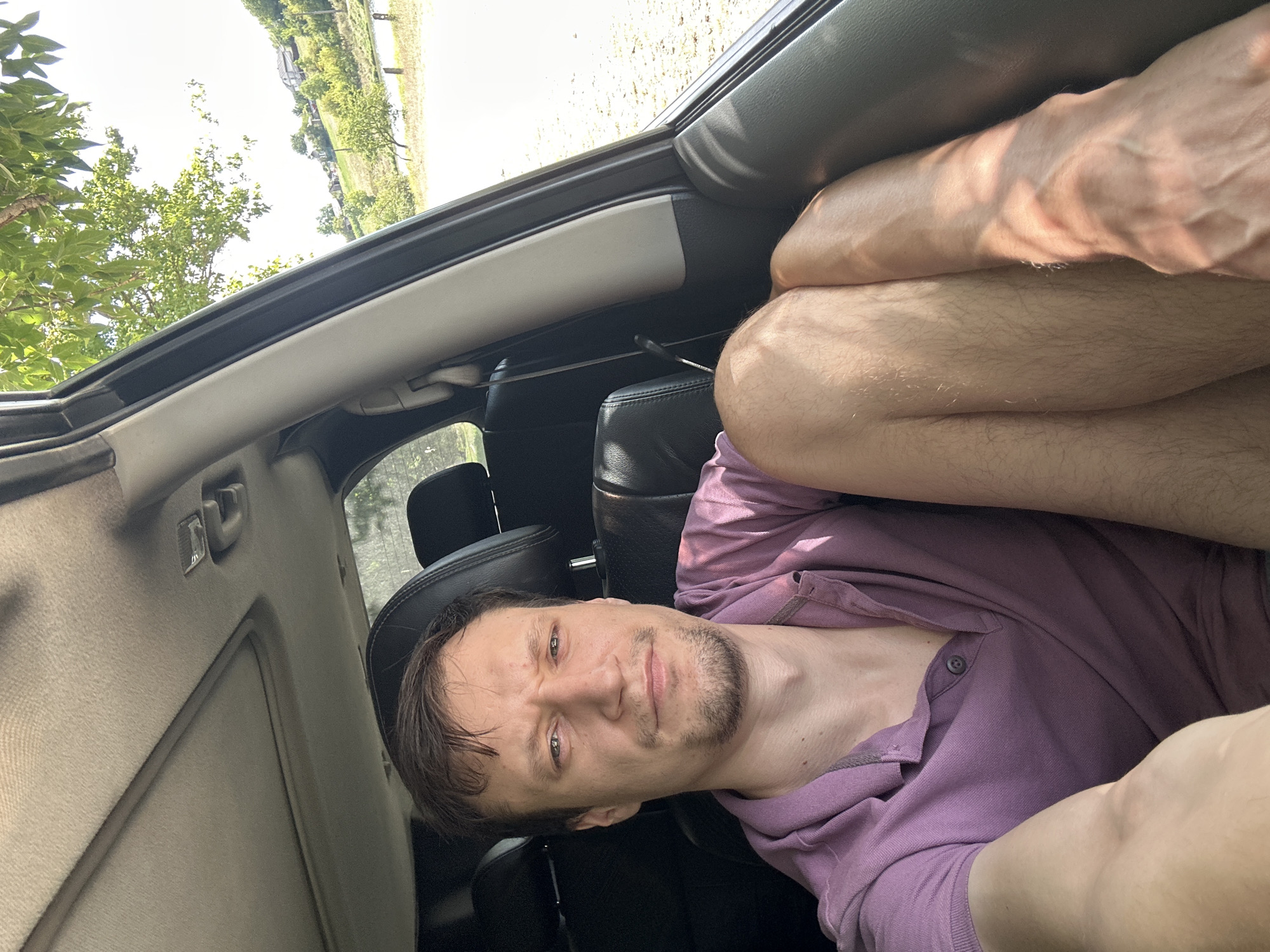 A man with short brown hair and a goatee is sitting in the back seat of a car, looking at the camera. He is wearing a purple polo shirt. His right leg is bent and resting on his left leg. The car interior is visible, including black leather seats and the car's ceiling. Outside the car window, a sunny, rural landscape is visible with trees, a hill, and some houses. The image appears to be taken during the daytime.