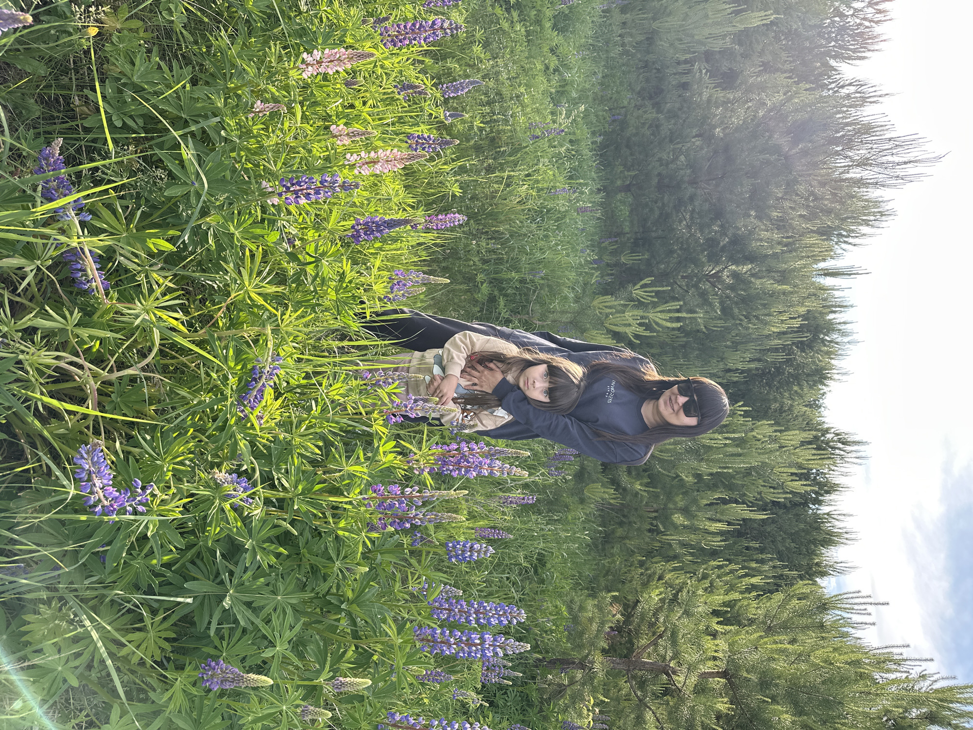 The image depicts a woman and a child in a field of lupine flowers. The woman is wearing sunglasses and a dark blue shirt. The child, nestled in front of the woman, wears a light-colored top. They are surrounded by tall green grass and purple lupine flowers. The background includes trees and a glimpse of the sky. The image was taken in the city of Chaikovsky, Russia.