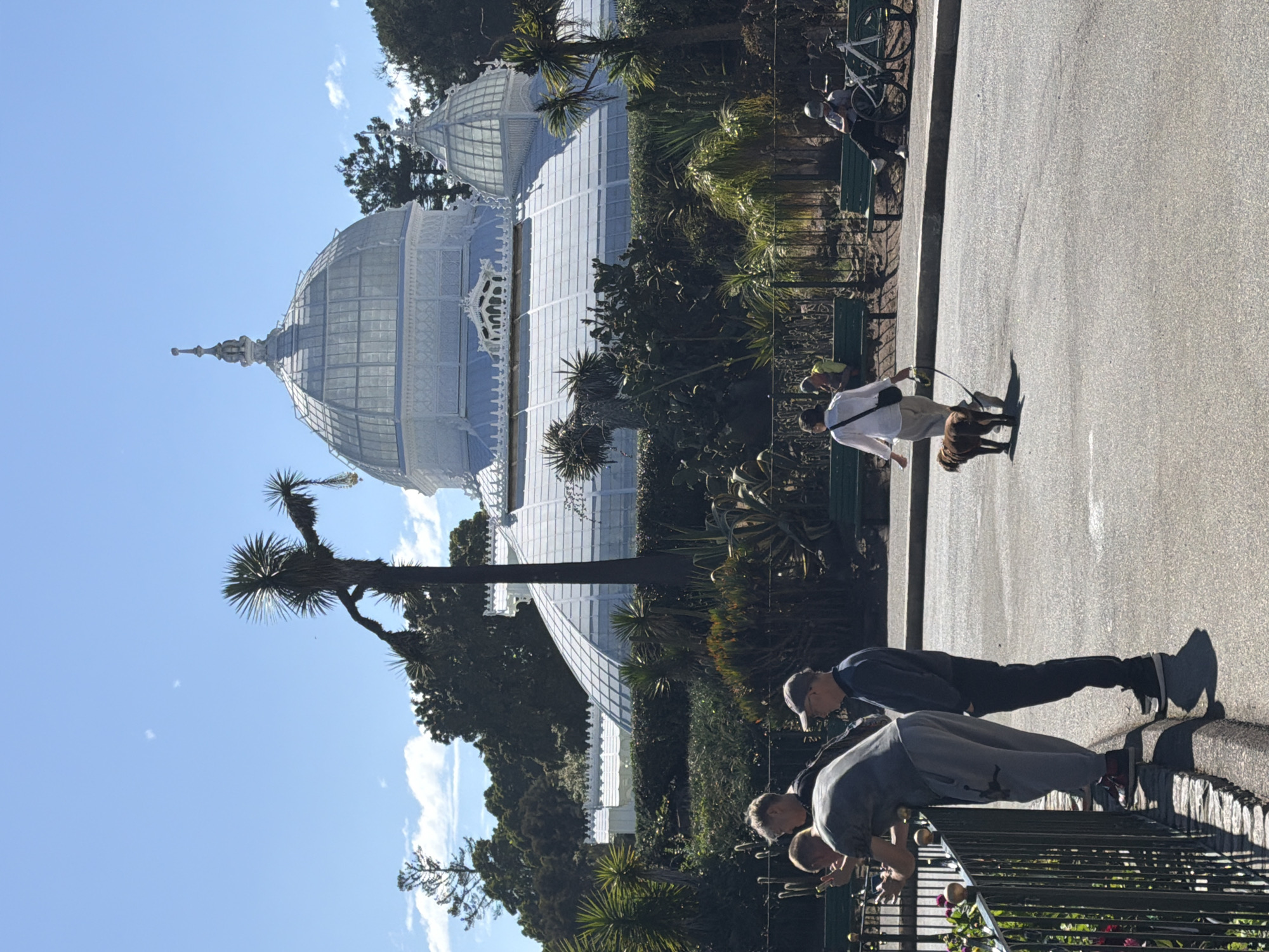 The image shows a view of the Conservatory of Flowers in Golden Gate Park, San Francisco, California, on a sunny day. The large, white Victorian greenhouse with glass domes is the central feature in the background. In the foreground, several people are visible. On the left, three men are standing by a black fence, two of them looking over it, and one of them holding a phone. On the right, a woman is walking a small, brown dog on a leash. Further in the background, a person is sitting on a green bench next to a white bicycle. Various trees and lush vegetation, including palm trees and cacti, surround the Conservatory. The sky is blue with a few scattered clouds.