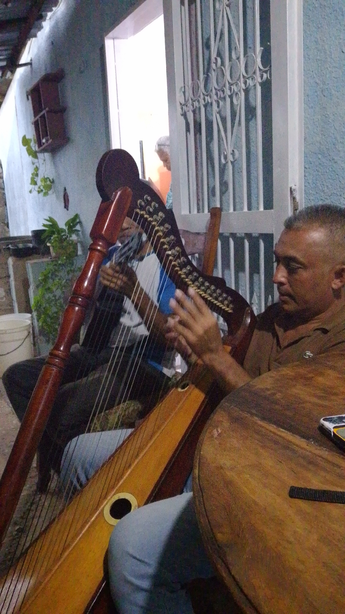 Two men are playing a harp outside a building in Tinaquillo, Venezuela. The men are seated and positioned behind the harp. The man on the right wears a brown shirt, while the other wears a white shirt. A round wooden table is next to the man on the right. A white door with a decorative metal design is in the background. Plants hang from a small shelf on the building wall. A white bucket sits near the plants.