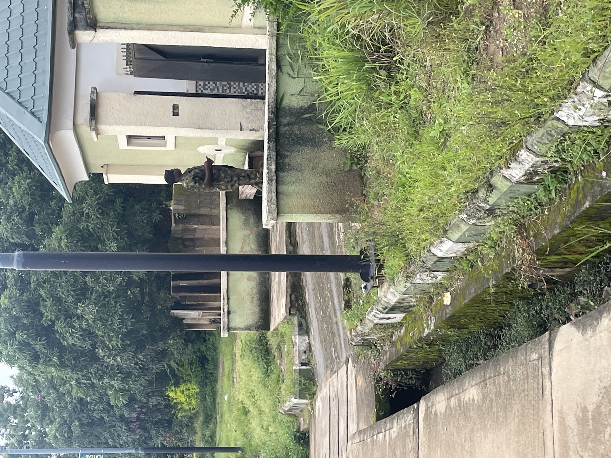 In Jos, Nigeria, a lone soldier stands guard in front of a building. The soldier, dressed in camouflage uniform and a cap, holds a dark object, possibly a phone, in their hands. The building has a light green exterior with white accents and a green, corrugated metal roof. A dark, solid door is visible to the right of the soldier. The surrounding environment is overgrown with green grass and vegetation. A concrete walkway or path runs along the left side of the image, adjacent to a narrow, water-filled drain. Another concrete structure, possibly a low wall or planter box, is present in the foreground. In the background, lush green trees create a dense canopy. A black lamppost stands prominently in the middle ground. The scene appears to be a public space, possibly an entrance to a facility or compound, in an area with a significant amount of natural growth.