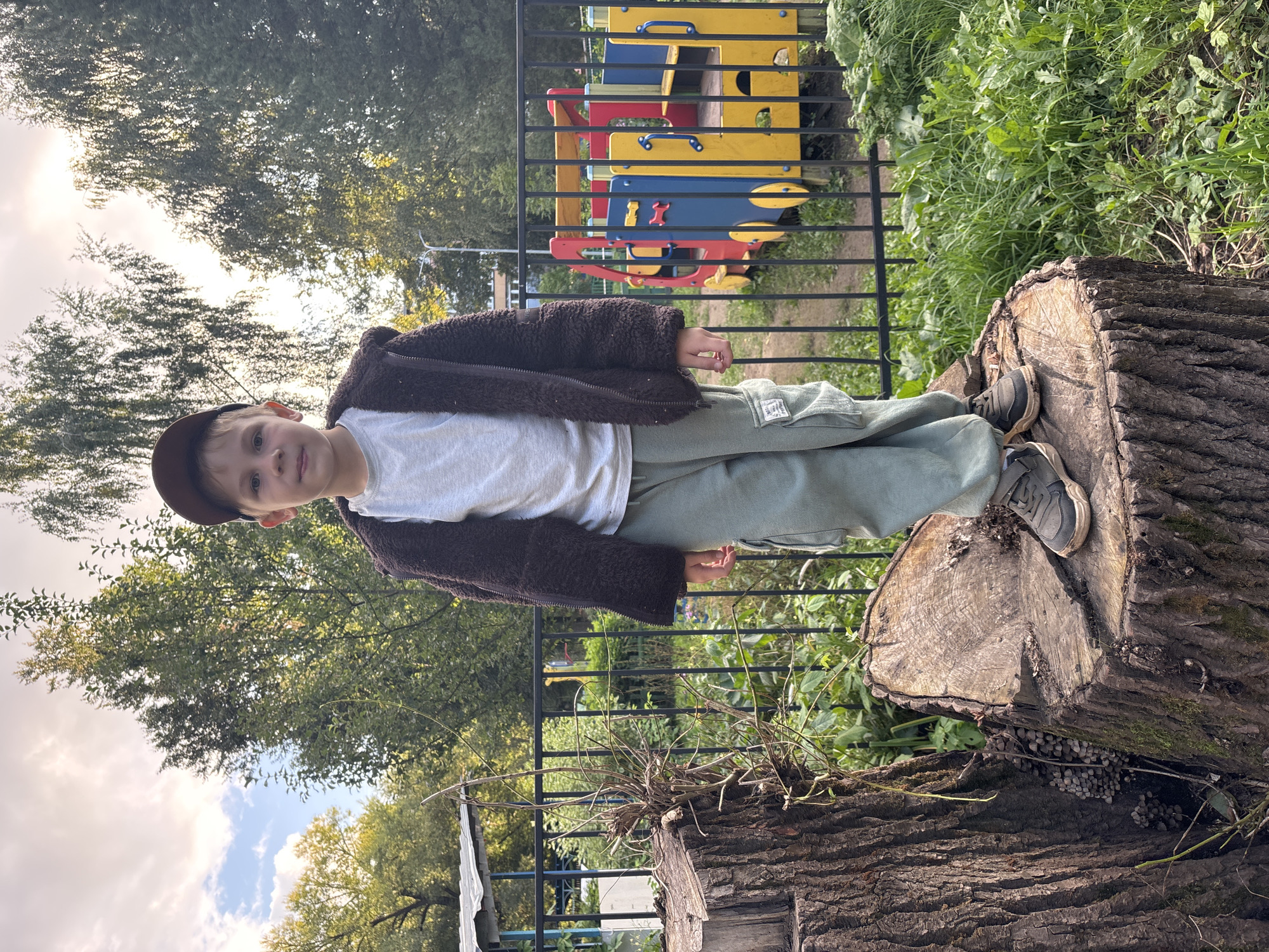 A young boy, likely between 5-7 years old, stands on a large tree stump in an outdoor setting. He is wearing a light grey t-shirt, olive green cargo pants, a dark brown fuzzy hooded jacket, and a brown baseball cap. His left foot is placed on a larger, rough-hewn tree stump, while his right foot is positioned slightly forward.
Behind the boy, a black metal fence encloses a playground area. Elements of the playground are visible, including brightly colored structures in red, blue, and yellow, resembling a train or similar ride. The ground is covered in green grass and various plants. To the left of the boy, another large tree stump is visible, with a significant crack in it, and a cluster of small grey mushrooms growing within the crevice.
The background features lush green trees and foliage, with the sky above showing clouds and sunlight filtering through. The overall scene suggests a park or recreational area within the city of Rusanovo, Russia. The lighting indicates it is either early morning or late afternoon. There are no other people visible in the image.