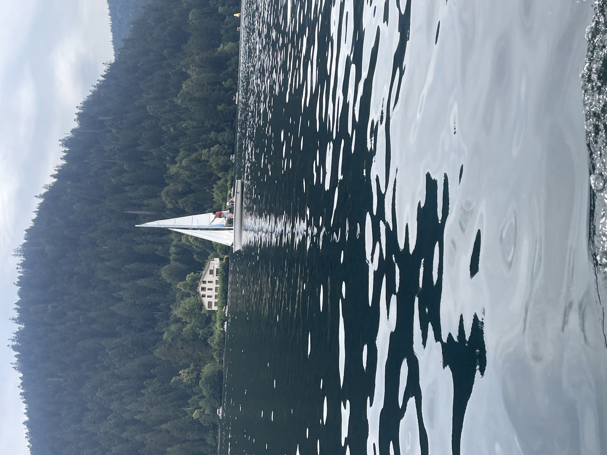The image depicts a scenic view of a lake with a sailboat in the distance, set against a backdrop of a dense forest and a house. The lake's surface is disturbed by ripples, creating a dynamic interplay of light and shadow. The sailboat, a prominent feature, is mid-journey, with two individuals visible onboard, engaged in sailing activities. The house, nestled amidst the trees, adds a touch of human habitation to the natural landscape. The forest extends up a hillside, its trees creating a verdant, unbroken expanse. The sky above is partly cloudy, suggesting a moderate weather condition. The overall scene conveys a sense of tranquility and outdoor recreation. The image is captured at Lake Gérardmer, France.