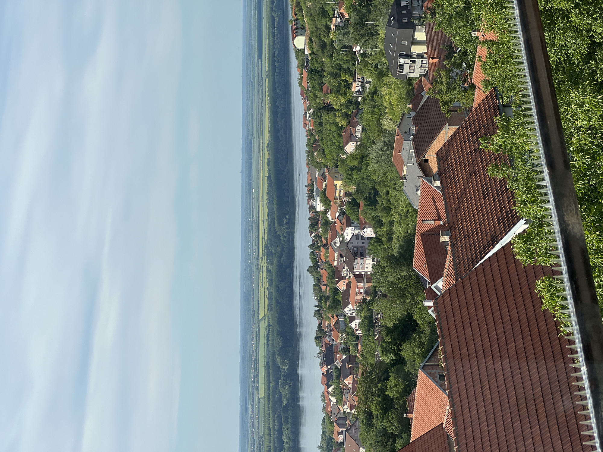 The image shows an aerial view of a European cityscape bordering a river. The sky is a light blue with some clouds. On the right, many red-tiled roofs of houses are visible, interspersed with green trees. A railing is in the foreground. To the left of the houses, a wide river flows, with a strip of green fields and trees on the opposite bank. Based on the prevalence of red-tiled roofs and the overall aesthetic, this could be a view from the city of Palilula Urban Municipality, Serbia, specifically overlooking the Danube River.
