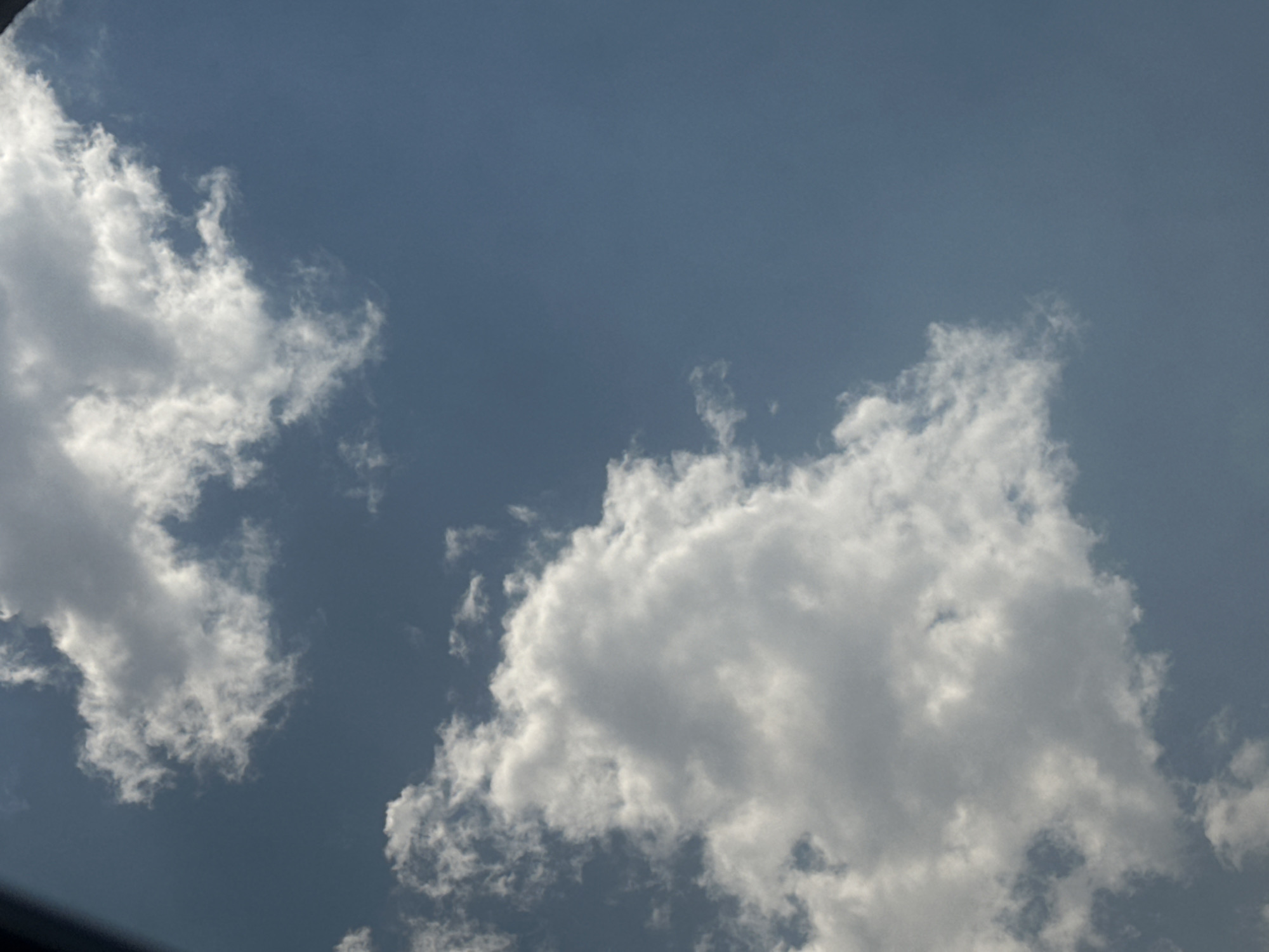 The media file is a photograph of the sky with clouds. The sky is a deep blue, transitioning to a slightly lighter shade towards the top. There are large, fluffy white clouds scattered across the frame, with some appearing denser and more shadowed than others. The clouds are the primary subjects, with no people or man-made objects visible. The scene is an outdoor, natural setting, likely observed from a low vantage point looking upwards. The lighting suggests it is daytime, possibly late afternoon or early morning, given the intensity of the sunlight illuminating the clouds. There are no discernible location cues within the image itself, other than it is an open sky. The overall mood is peaceful and serene, typical of looking at the sky. No text is visible in the image.