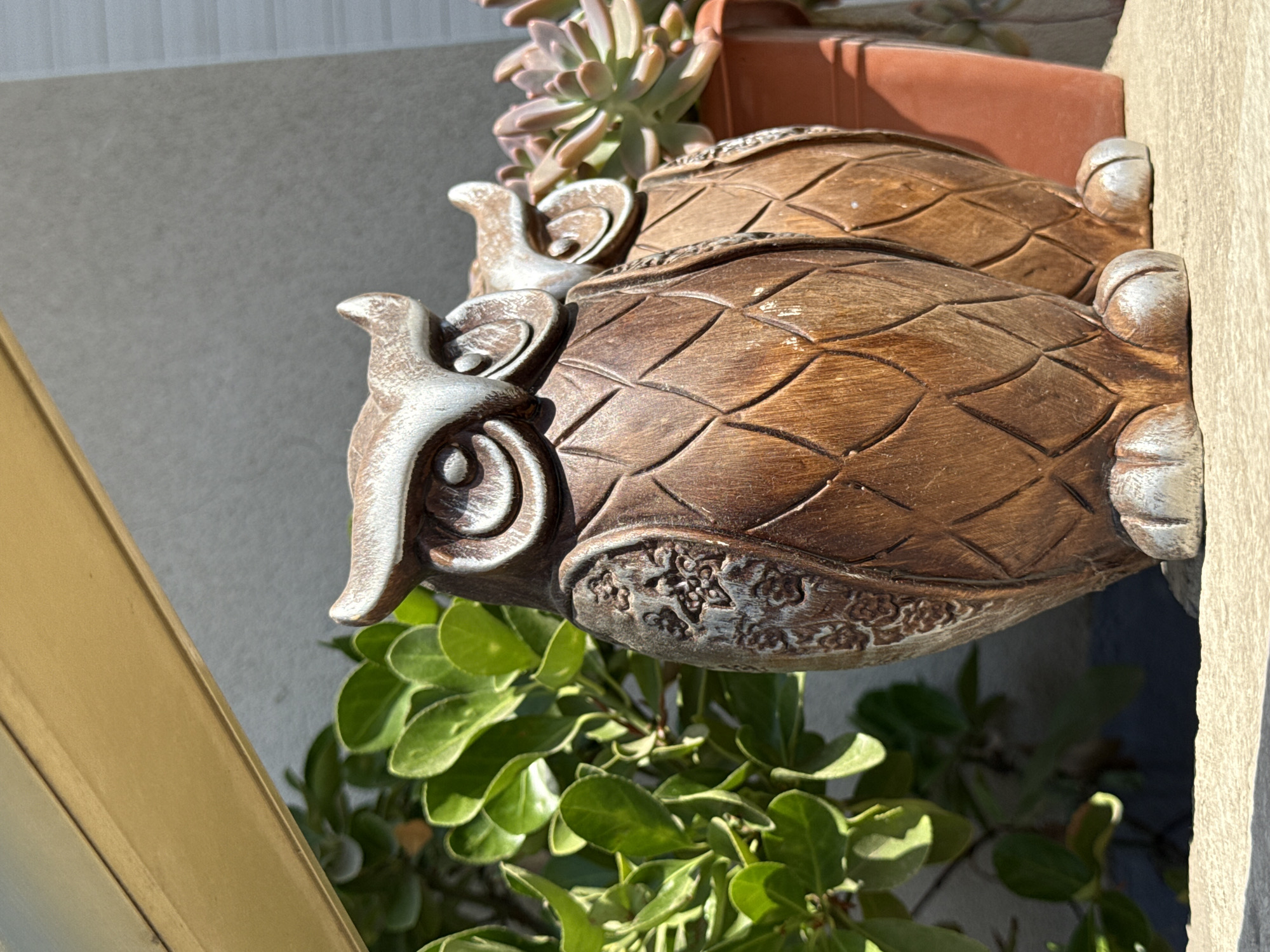 Two wooden owl statues are positioned outdoors, possibly in a garden setting in Blanes, Spain. The statue in the foreground is larger and faces left, with its right side visible. It is made of brown wood with carved details resembling feathers and has silver accents on its eyes, beak, and feet. To the right and slightly behind it is a second, smaller owl statue, also facing left, with its left side visible. Both statues are standing on a light-colored, textured surface. Behind the statues, to the left, are lush green leaves of a plant, and to the right, a terracotta pot containing succulents. The background consists of a textured gray wall and a yellow overhang, suggesting an outdoor architectural element. The scene is illuminated by bright sunlight, creating shadows and highlighting the textures of the objects. There are no people visible in the image.