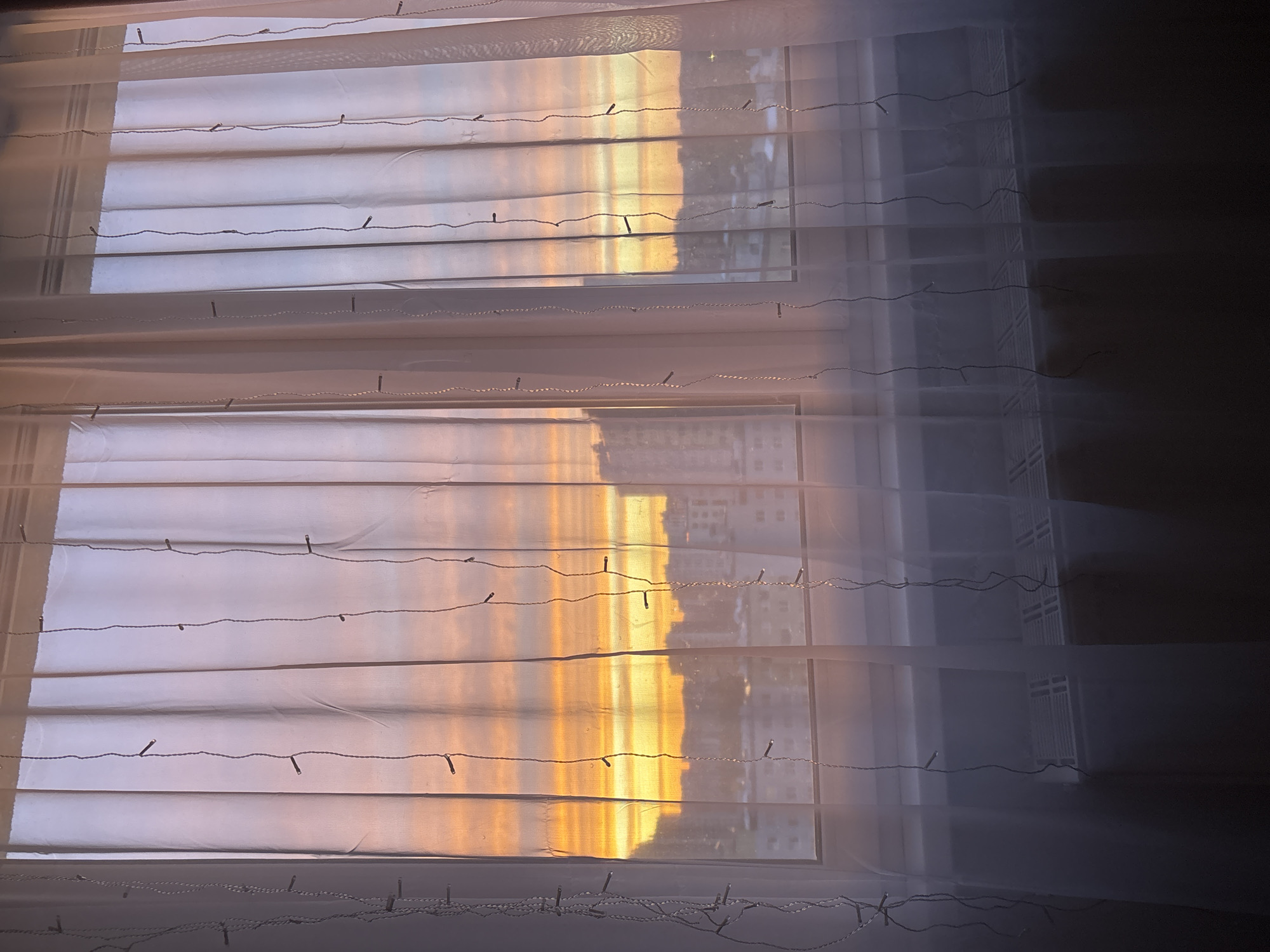 A vertical, eye-level shot depicts the interior view of a window in Vsevolozhsk, Russia. The window is covered with a translucent white curtain adorned with a string of small, light-emitting diode (LED) lights. Through the partially obscured window, the scene reveals a vibrant sunset, casting a warm golden and orange glow. The cityscape outside the window suggests an urban environment with buildings. The lighting indicates either sunrise or sunset. The right side of the image transitions into shadow, contrasting with the brightness of the window and the sunset it frames. The scene is still.