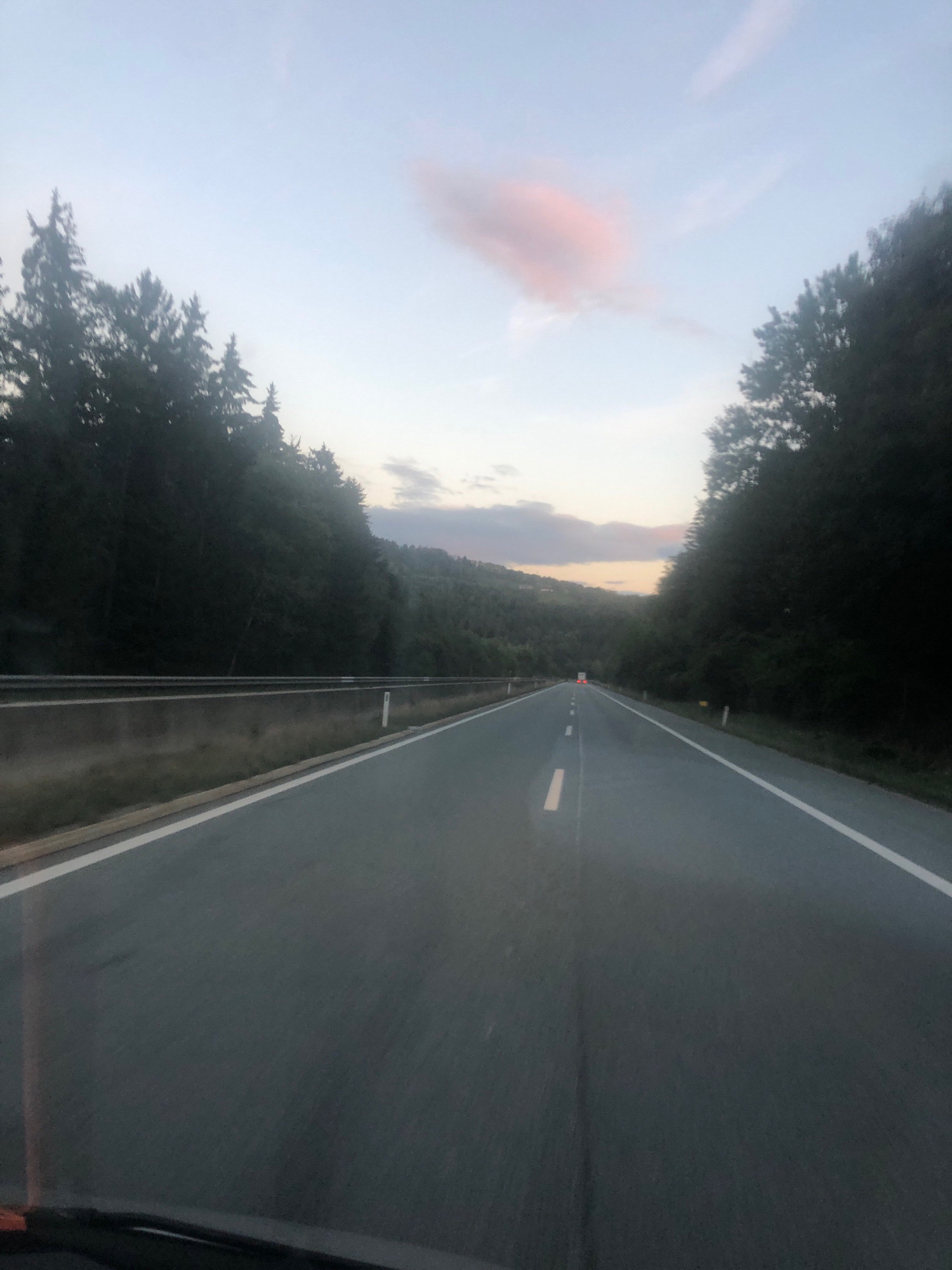 The image shows a road in Haideggendorf, Austria, at dusk. The road is paved and has white lane markings. There are trees on either side of the road, and a guardrail is visible on the left side. The sky is cloudy with a pinkish hue, suggesting the sun is setting or has recently set. A distant vehicle can be seen on the road. The overall scene is that of a journey on a highway in a wooded area during twilight.