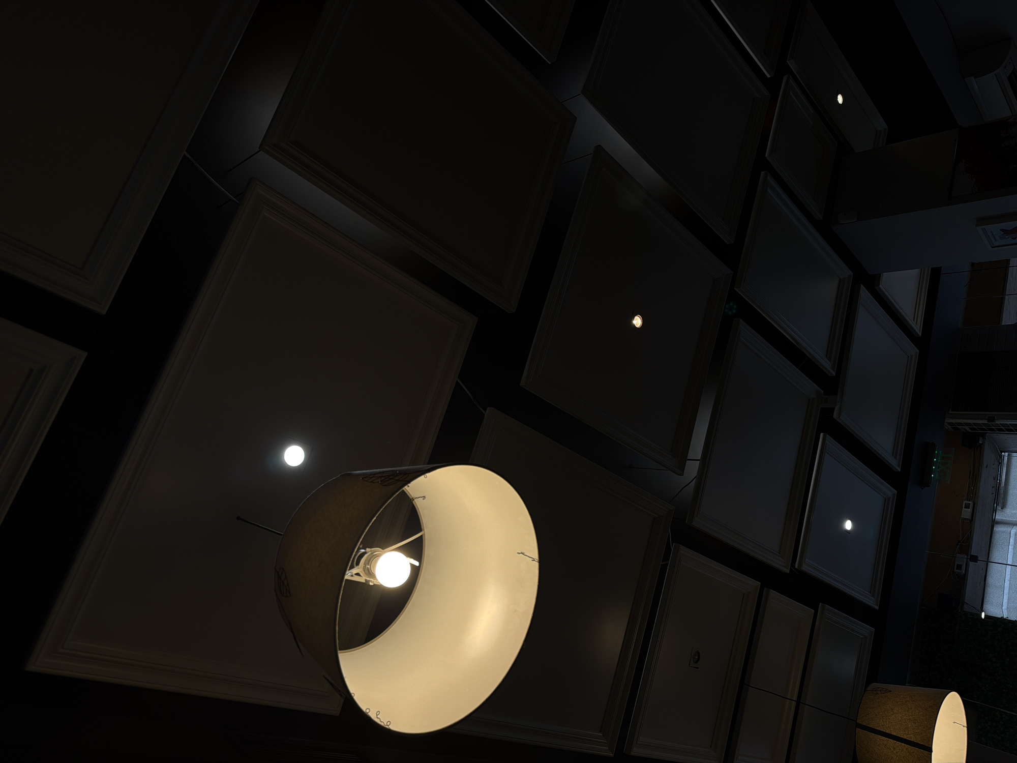 The image depicts an interior space, primarily focusing on a ceiling and a hanging light fixture. A large, inverted conical lampshade, dark-toned on its exterior and white on its interior, occupies the upper left, suspended by a rod. A single, bright incandescent bulb illuminates the interior of the shade. The ceiling is dark, likely black, and features a grid of recessed rectangular panels, each framed by a light-colored decorative molding. Several small, bright recessed spotlights are embedded within these panels across the ceiling, providing additional illumination. In the lower right background, an emergency "EXIT" sign with green text is visible, positioned above a partial view of a wall and what appears to be a glass partition or window. No people or specific actions are discernible. The specific location within Sofia, Bulgaria, cannot be determined from the visual content of the image.