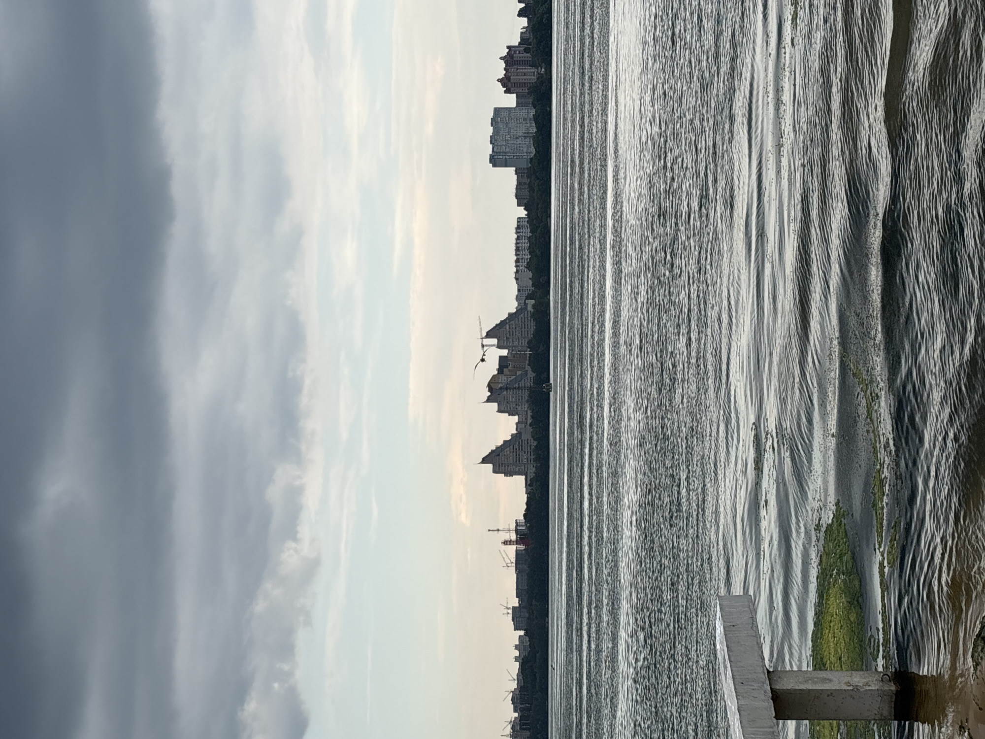 The image captures a panoramic view of a cityscape across a body of water, likely a river or lake, in Novaya Usman', Russia. The foreground features a concrete structure partially submerged in water, with green algae clinging to its base. The water itself is rippled, indicating a gentle current or breeze. In the middle ground, a long stretch of city skyline is visible, characterized by a mix of residential buildings and construction sites with cranes. A prominent red and white lighthouse-like structure stands out among the buildings. The background is dominated by a dramatic sky filled with heavy, dark grey clouds, suggesting an overcast or impending weather event. The overall scene is a blend of urban development and natural elements under a brooding sky.