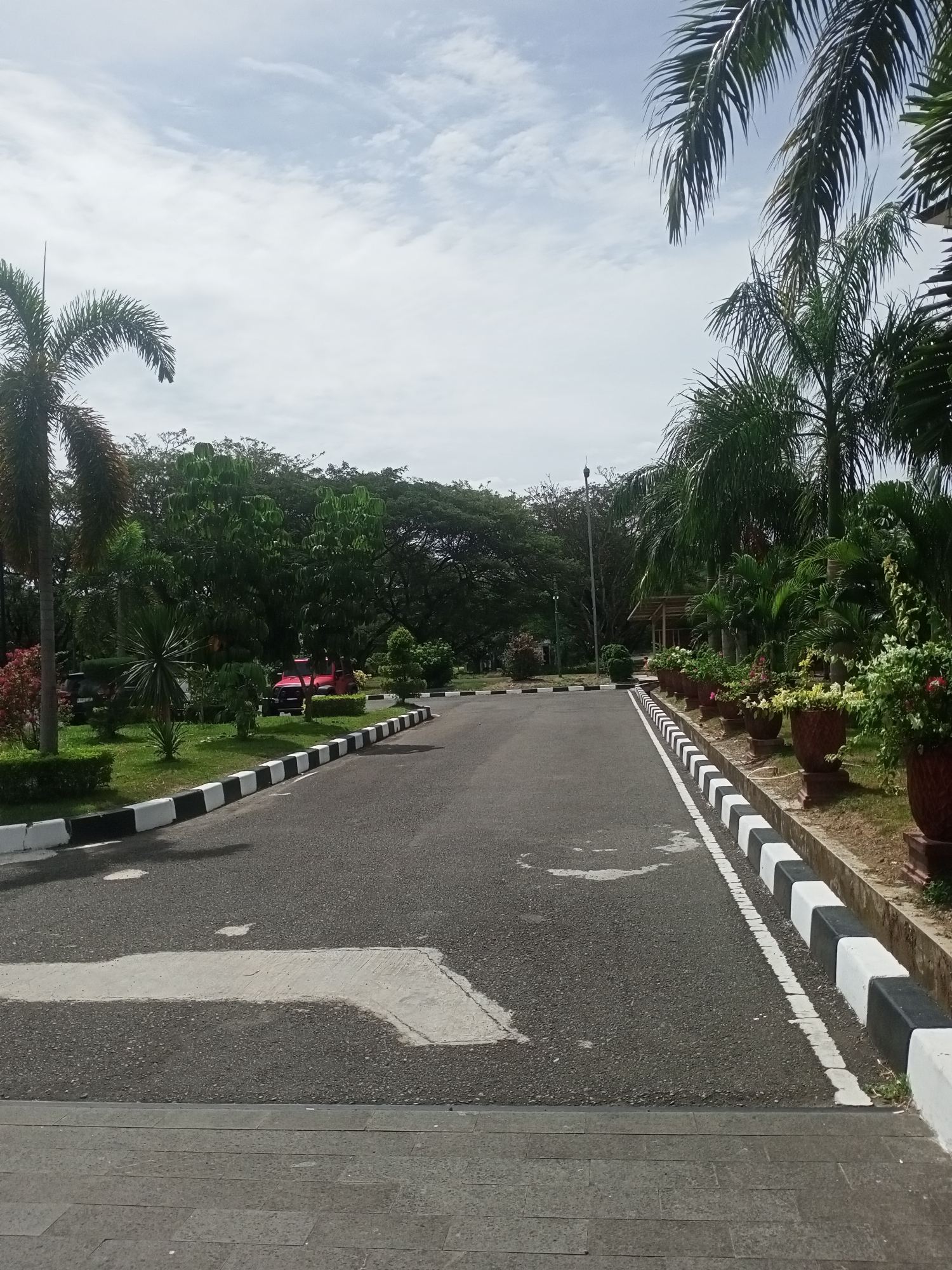 The image depicts an empty asphalt road curving through a park-like setting. Palm trees and other lush green foliage line the sides of the road, with several potted plants filled with flowers visible on the right. The road is bordered by alternating black and white curbs. In the background, a cluster of trees forms a dense green backdrop. A red vehicle is partially visible parked among the trees on the left. The sky above is cloudy with patches of blue. The scene appears to be in a tranquil, well-maintained outdoor environment, likely a public space or botanical garden, given the presence of decorative plants and neatly manicured greenery. There are no people or animals present in the image. The location is identified as Kampungblang, Indonesia.