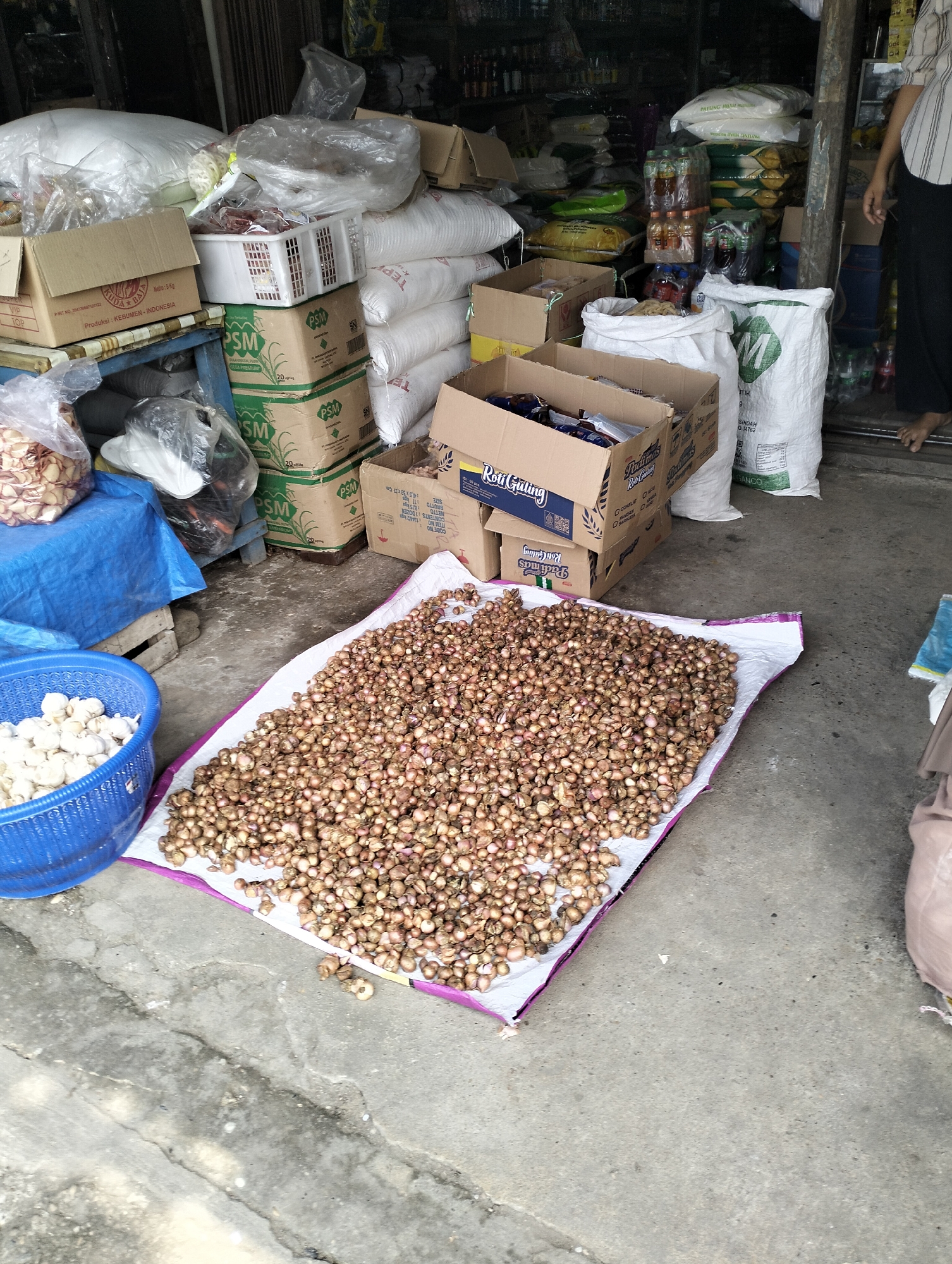A street-level view captures a retail setting in Serdang Jaya, Indonesia, likely a market stall or small shop. In the foreground, a large pile of small, reddish-brown shallots is spread out on a white tarp with a purple border, a portion of which is resting on a concrete surface. To the left of the shallots, a blue plastic basket overflows with white bulbs, possibly garlic.

Behind the produce, various goods are stacked, including large white sacks, cardboard boxes, and plastic-wrapped items. Some boxes bear Indonesian labeling. A blue tarp covers items to the left of the shallots. A person, partially visible on the far right, is standing with their feet bare. The environment appears to be outdoors, with a concrete floor and a suggestion of shop awnings or structures overhead. The overall impression is one of a busy, functional marketplace.