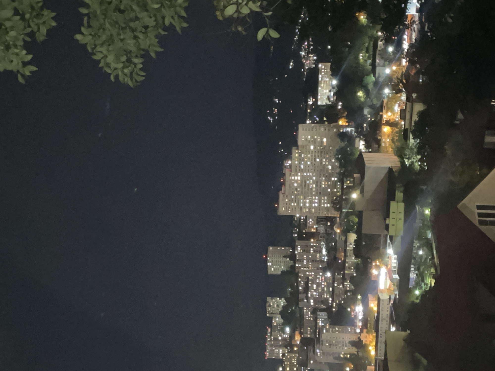 This image shows a nighttime view of a city, with numerous tall buildings illuminated with lights. The sky is dark, suggesting it is late at night. There is foliage in the upper parts of the image, possibly from trees near the vantage point. The buildings vary in height and density. Based on the presence of specific building types and urban layout, this city is likely Sochi, Russia.