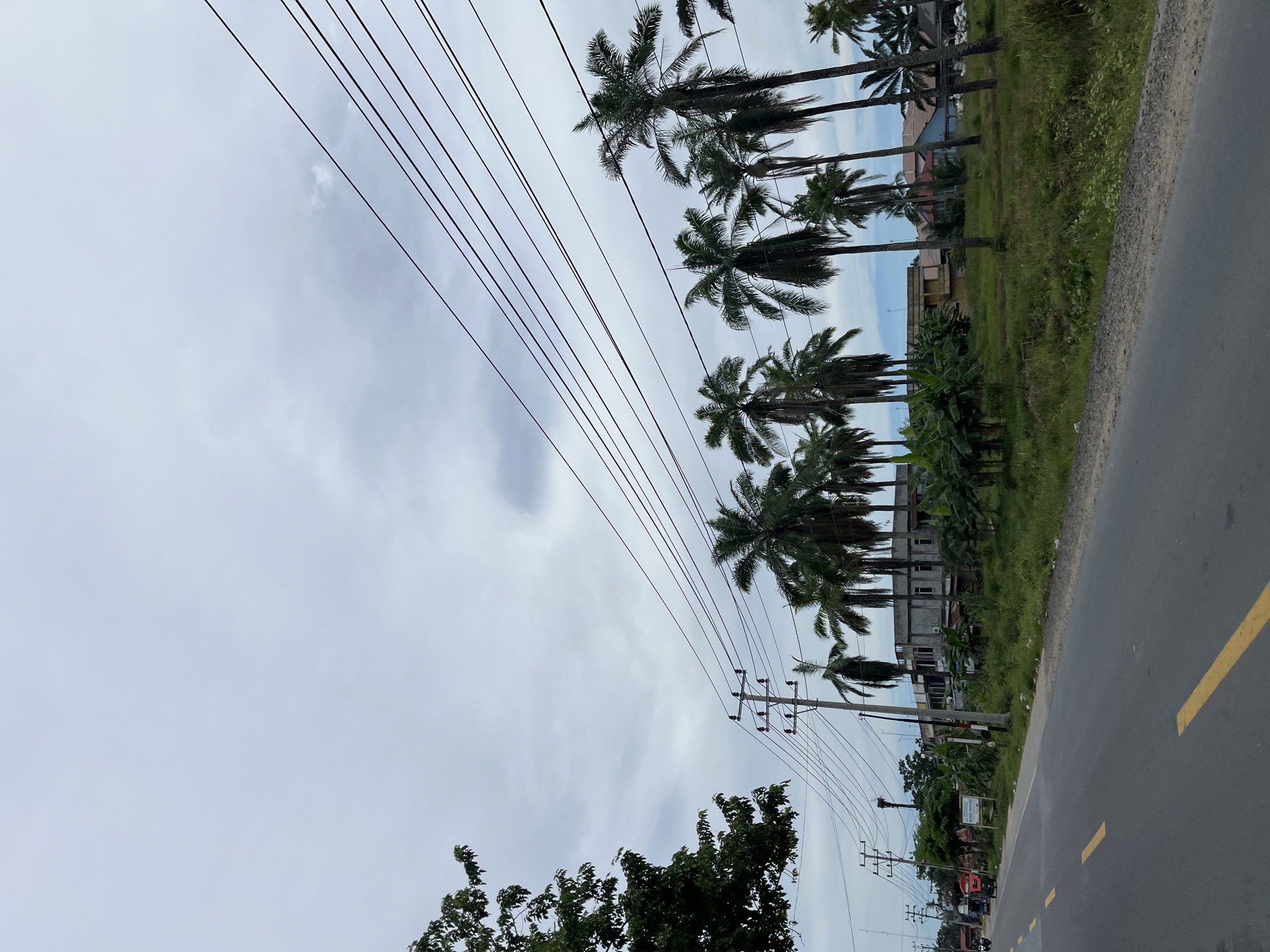 The image depicts a street scene in Simpang Empat, Indonesia, characterized by a road with a yellow lane marking, flanked by vegetation and a line of palm trees. Overhead, multiple power lines stretch across the frame, supported by utility poles. In the background, several buildings are visible, including a large, multi-story structure with a grey facade. The sky is overcast with clouds. On the road, a red vehicle and a smaller two-wheeled vehicle are present. The overall atmosphere is that of a semi-urban or rural roadside environment under a cloudy sky.
