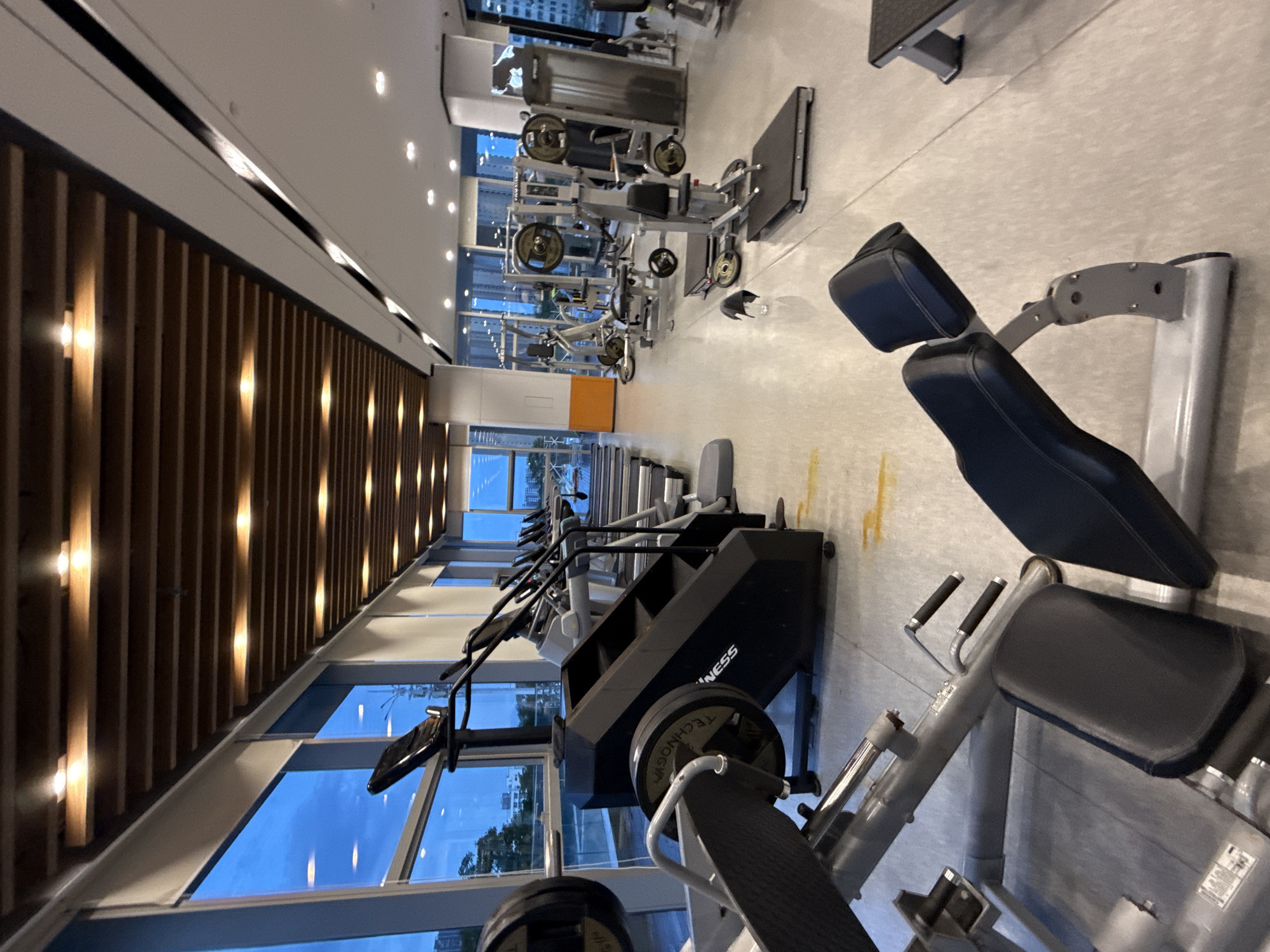This media file shows the interior of a modern gym. The scene is dominated by various exercise machines, including treadmills, stair climbers, and weight machines, with an emphasis on the front section of the gym where more detailed shots are available. Several weight plates are visible, some stacked on machines and others lying on the floor. The gym features a sleek design with wood paneling on one wall, illuminated by strategically placed lights. Large windows on the opposite wall offer a view of the outdoors, hinting at either late evening or early morning due to the blue sky and soft lighting. Trees are visible outside the windows, and there appears to be some city or building structures in the distance. The floor is a light-colored concrete or composite material. No people are visible in the image. Some text is visible on one of the machines: "TECHNOGYM" and "FITNESS". The overall impression is one of a clean, well-equipped, and contemporary fitness facility.