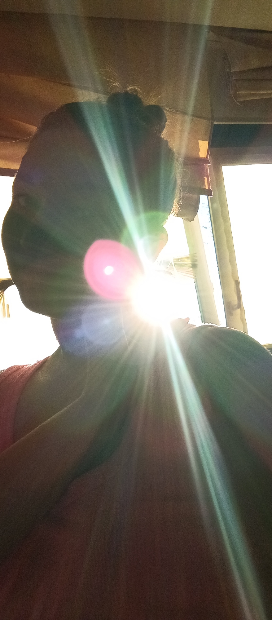 The image shows a person with their hair in a bun, facing away from the camera. They are wearing a reddish-pink shirt. Bright sunlight obscures much of the subject's features, creating intense lens flare. The background appears to be the interior of a room or vehicle with a window to the right. The location is described as Unknown, Unknown.