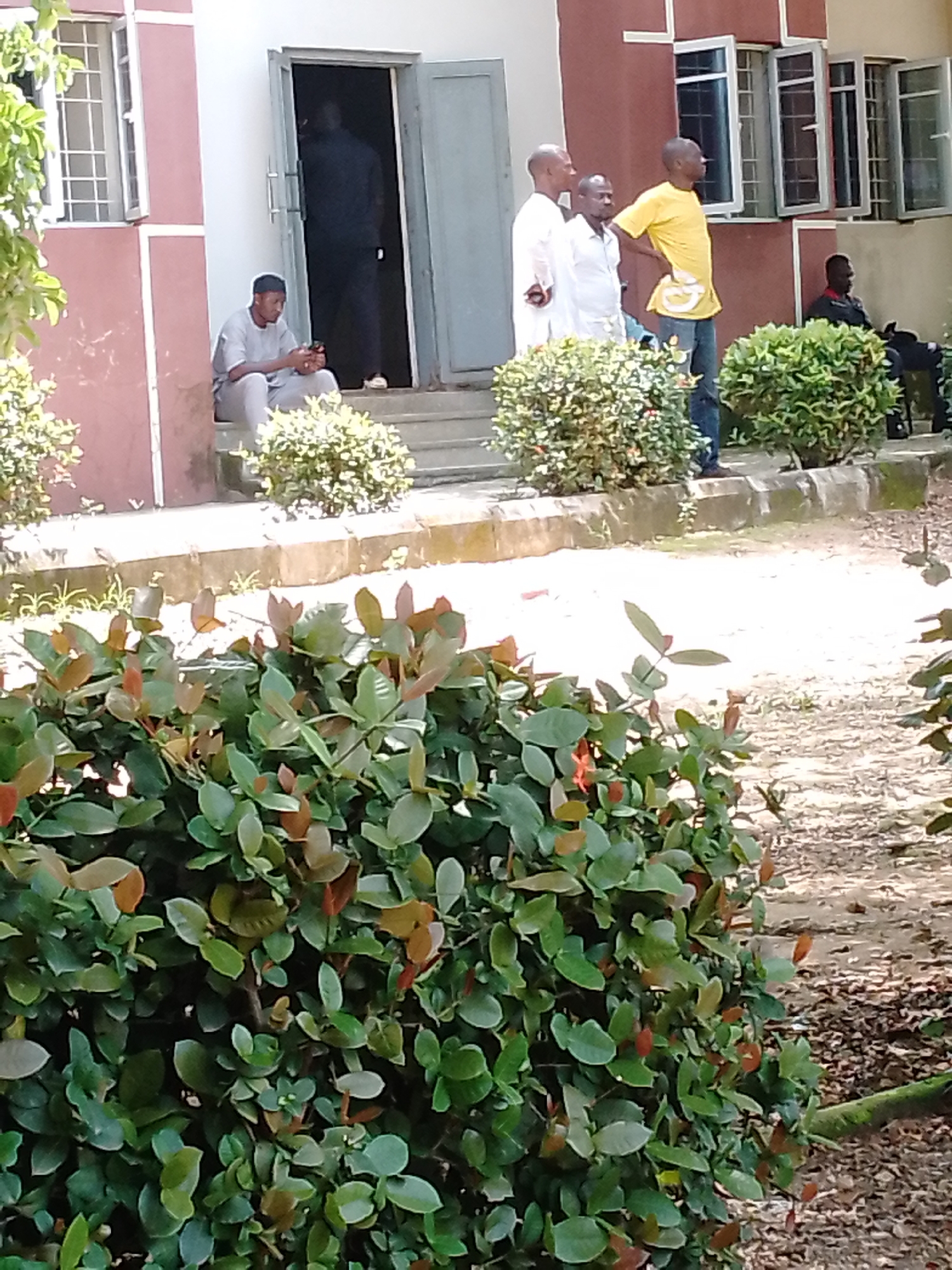 In Akwanga, Nigeria, a group of men are gathered outside a building with a red and cream facade. A young man in a grey outfit sits on the steps, looking at his phone. He appears relaxed. Further up the steps, three men stand together. One, in a white traditional outfit, looks to the side. Next to him, another man, also in white, faces away from the camera. A third man, wearing a bright yellow t-shirt and blue jeans, stands with his hand on his hip, looking towards the right. Behind them, another man in a black shirt sits on a bench. The scene suggests a casual gathering or a moment of pause. The lighting indicates it is likely daytime, possibly late morning or early afternoon, with no strong shadows to suggest dawn or dusk. The weather appears pleasant. Lush green bushes surround the area, with some showing reddish new growth. The ground is a mix of dirt and scattered leaves. A large doorway is open, revealing a darker interior, and a man in a dark outfit is visible standing just inside. The building has multiple windows with white frames. There is no visible text in the image.