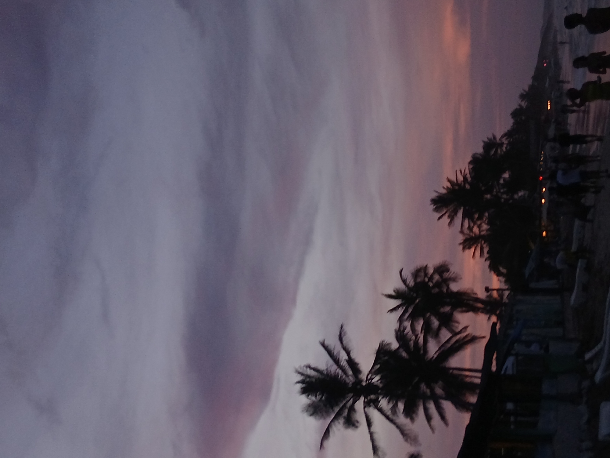 The image shows a dusk or twilight scene at Playa Parguito, Venezuela. The sky is a mix of pink and purplish hues. Silhouetted palm trees are prominent in the foreground, swaying with the wind. Figures of people and silhouettes can be made out near the shoreline. Light from street lamps and other sources is visible. Buildings and structures are visible along the coast. The overall impression is that of a tropical beach at dusk.